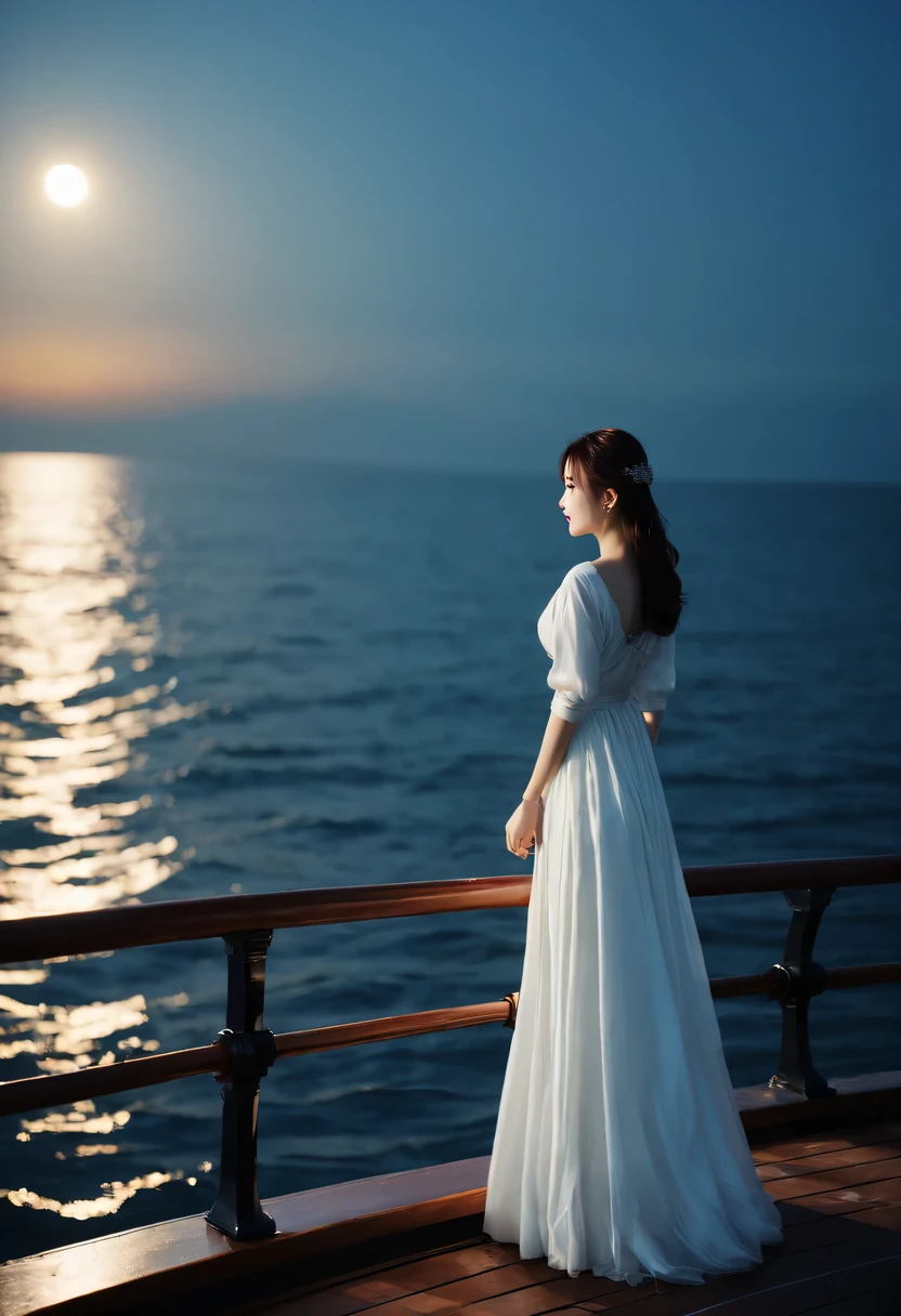 night at sea,Boat,sea breeze,情侣站在Boat头的甲板上,sea breeze吹拂着他们的头发和衣角。man,That'JK,他身穿一件普通的Boat员,But the gleam in his eye and confident demeanor set him apart。He held the woman beside him tightly——Ruth,She is wearing a white evening dress,Like a goddess under the moonlight,Elegant and noble。JK轻轻地将露丝引到Boat头的边缘,two people are standing side by side,Looking at the vast sea ahead。The sea is sparkling,It seems like there are countless stars twinkling。Their eyes met,Full of deep love and longing for the future。At this point,It was as if the whole world had stood still,Only the two of them and the boundless ocean are left。Montage Photography Technique,director:James Cameron,《Titanic》,A sharp contrast between cool and warm colors,movie lighting, motion blur, spark, Ray tracing, reflected light, backlight, film grain, Vignetting