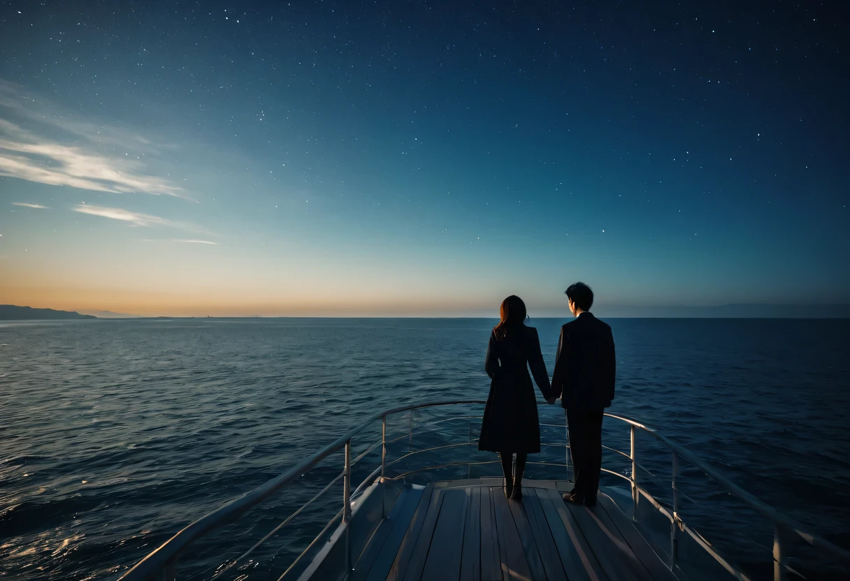 night at sea,Boat,sea breeze,情侣站在Boat头的甲板上,sea breeze吹拂着他们的头发和衣角。man,That'JK,他身穿一件普通的Boat员,But the gleam in his eye and confident demeanor set him apart。He held the woman beside him tightly——Ruth,She is wearing a white evening dress,Like a goddess under the moonlight,Elegant and noble。JK轻轻地将露丝引到Boat头的边缘,two people are standing side by side,Looking at the vast sea ahead。The sea is sparkling,It seems like there are countless stars twinkling。Their eyes met,Full of deep love and longing for the future。At this point,It was as if the whole world had stood still,Only the two of them and the boundless ocean are left。Montage Photography Technique,director:James Cameron,《Titanic》,A sharp contrast between cool and warm colors,movie lighting, motion blur, spark, Ray tracing, reflected light, backlight, film grain, Vignetting