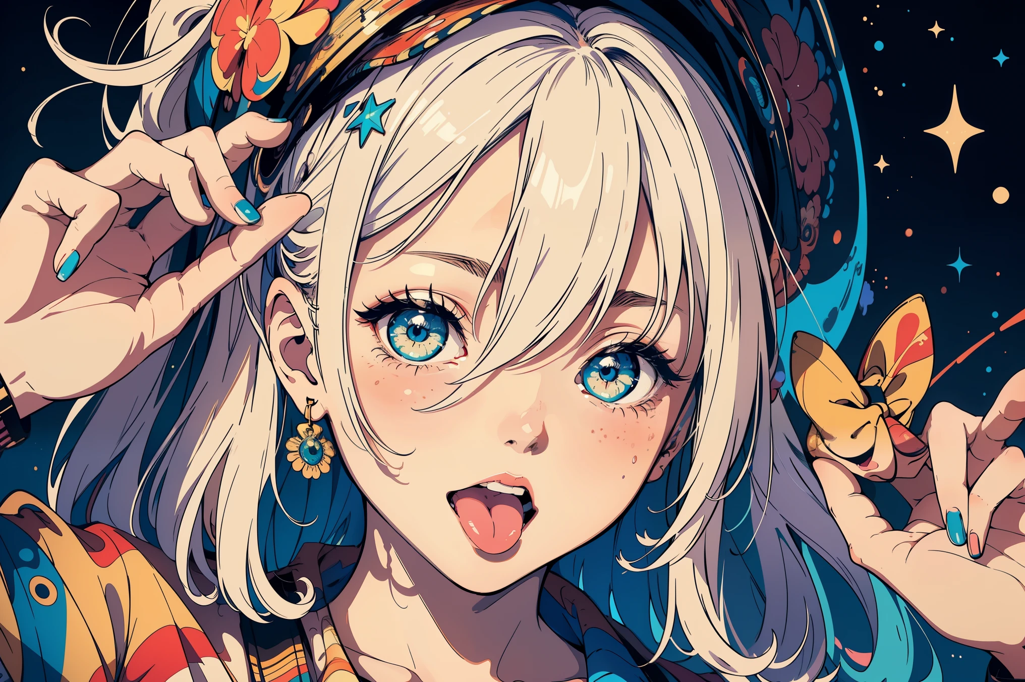 wallpaper, masterpiece,highest quality, 1 girl, embarrassing, blush, intimate, perfect face, expressive eyes, intricate details, Happy, emotion, soul, stick out tongue, closed one eye, fun expression, fun表情, break expressive, colorful, fun ,fun, Happy, abstract background, cosmic, Expressive colors, Jacket, like