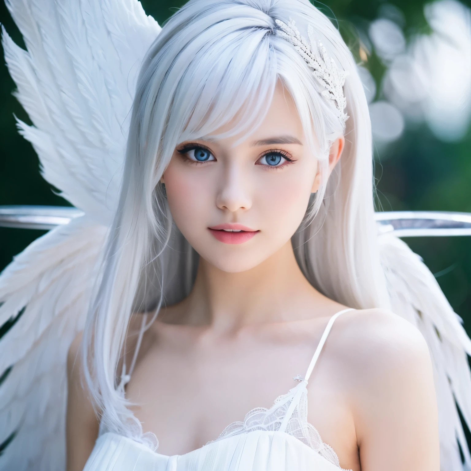 Beautiful girl, angel, white hair, not like AI 