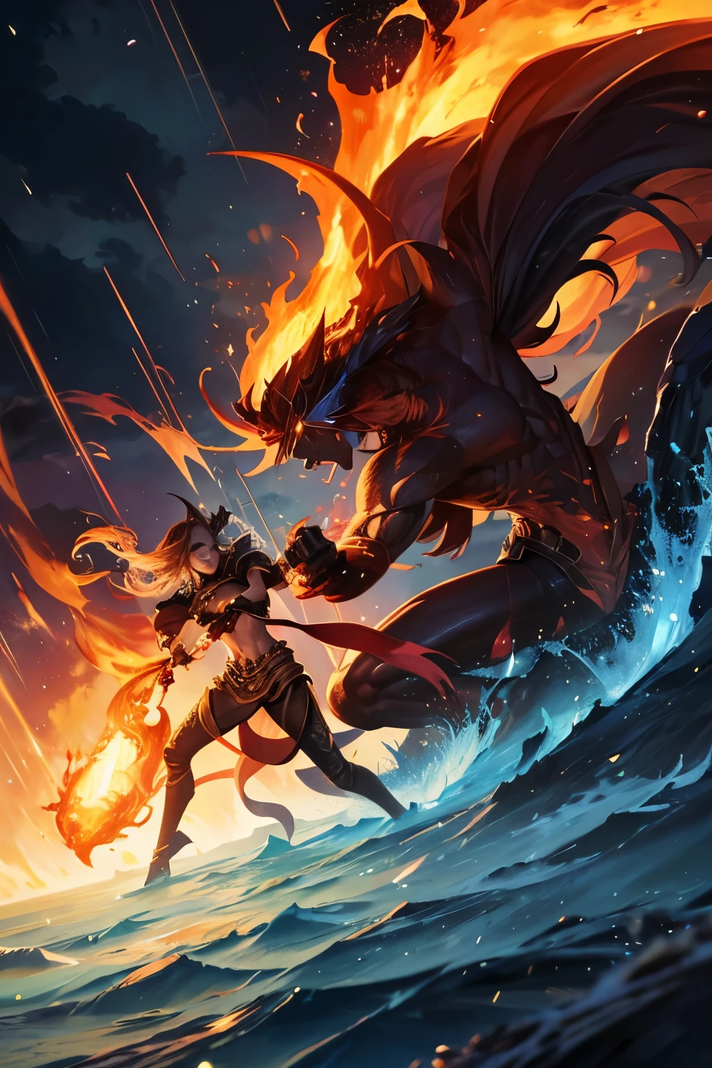 An ifrit battles a djinni in a storm of wind and flames