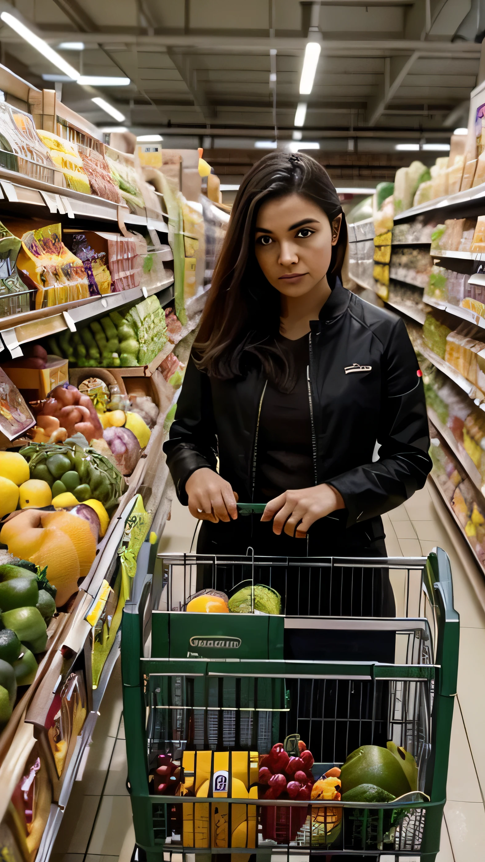 Ein neugieriger Mensch steht inmitten der Supermarktregale, Nachdenklich runzelten sie die Stirn, as they pondered the variety of fruits before them. Ihr Ausdruck spiegelt den Wunsch nach Bequemlichkeit wider, ohne das Budget zu sprengen, auf der Suche nach einer Alternative zum traditionellen Einkaufserlebnis."