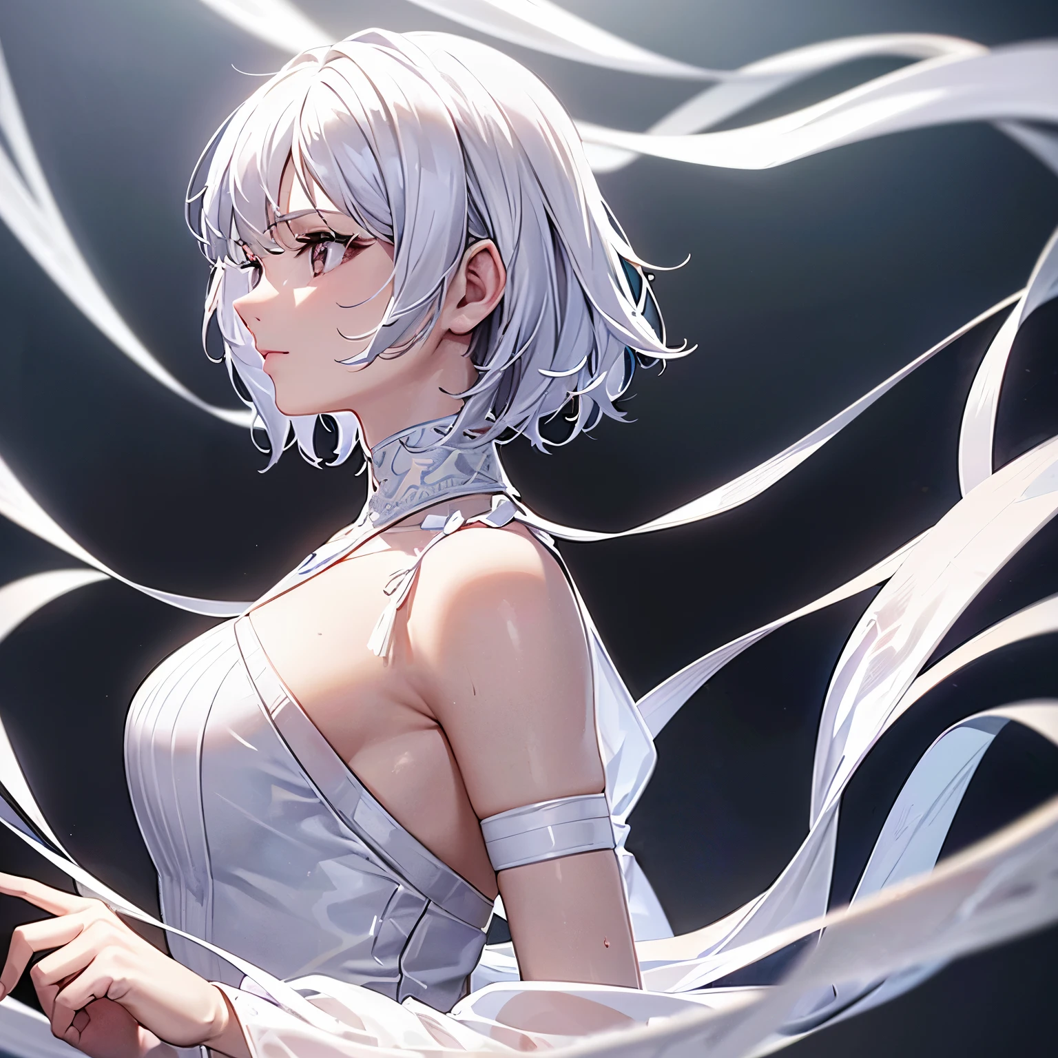 highest quality,perfect masterpiece,perfect artwork,Official work,8k,, (upper body portrait:1.3),((seen from the side:1.5)),close up lens,delicate face,, ,white hair girl,(hakuhatsu:1.5),Short and medium hair,((clear white eyes:1.5)),(white dress:1.2),(transparent clothes:1.2),(black background:1.3),, The illusion of pearls,cyber punk,fashion trends,3S material,High resolution,Detailed performance,c4d,3D,octane rendering,ray tracing,intricate details,animation lighting,OCrenderer,