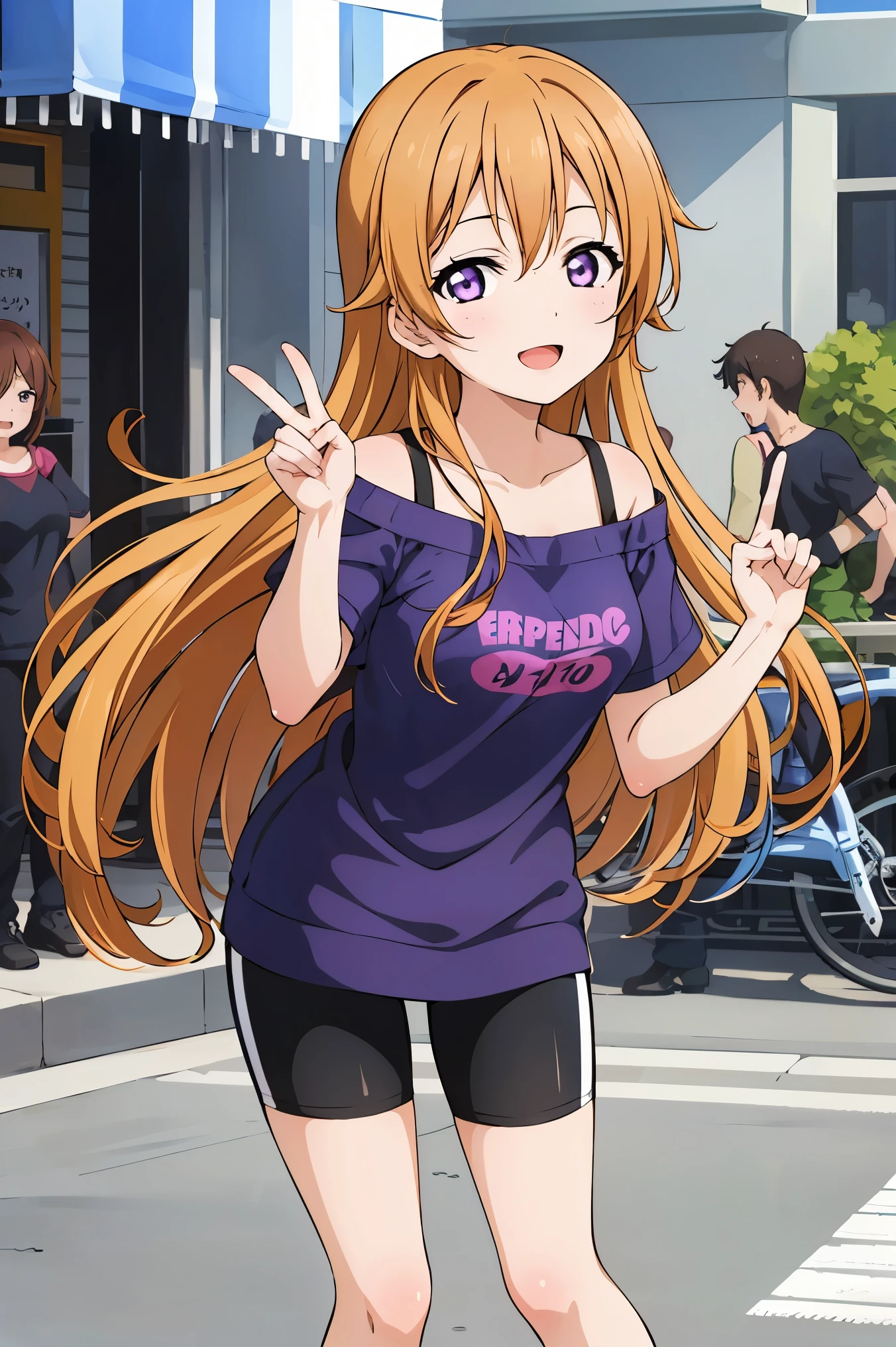 (best quality, masterpiece:1.2), (1girl, solo:1.2), cute, smile,  detailed background, (looking at viewer, solo focus:1.2), open mouth,
Kanata konoe, long hair, purple eyes, blonde hair, straight hair, off shoulder, purple t-shirt, short sleeves, bike shorts, standing, two peace sign, solo focus, 