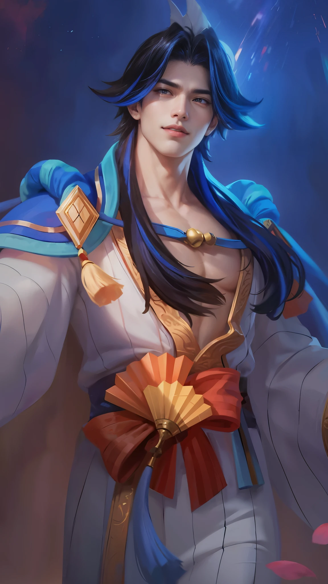 Best quality, masterpiece, detailed skin texture, detailed clothes texture, detailed face, super detail, 8k, intricate detail, 1 boy, The color doesn't change, Muscle guy, 1 guy, smile, a close up of a person with a fan in their hand, heise jinyao, inspired by Huang Shen, zhao yun, keqing from genshin impact, zhongli from genshin impact, bian lian, onmyoji portrait, inspired by Shen Zhou, inspired by Pu Hua, zenra taliyah, sylas, onmyoji detailed art