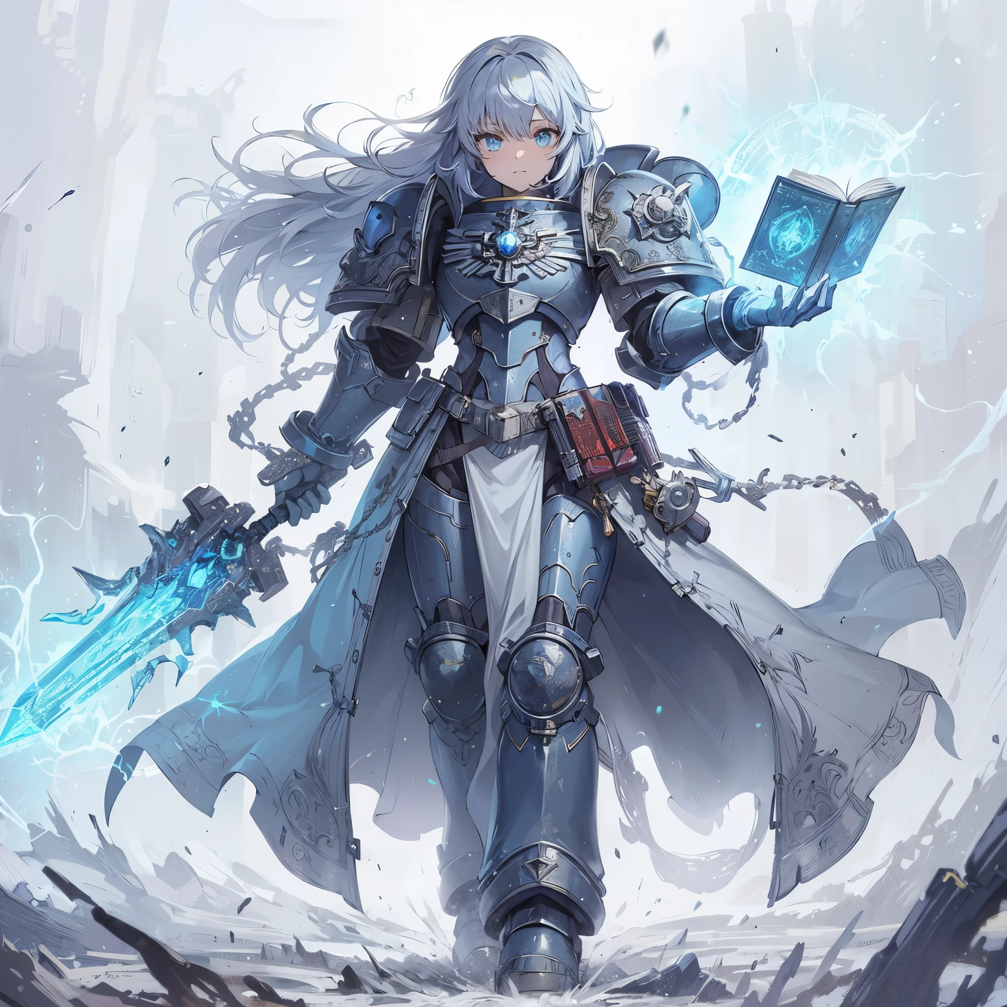 Masterpiece, best quality, ultra-detailed, anime style, solo, full body of space marine girl, Gray and silver armor, blue discharge luminescent sword raised, blue glowing eyes, magic book at waist, wearing raised boots, supernatural lightning and fire, psychic aura, psychic aura, standing on wasted land, Warhammer 40K, 8k high resolution, trending art station, white background, whole body,