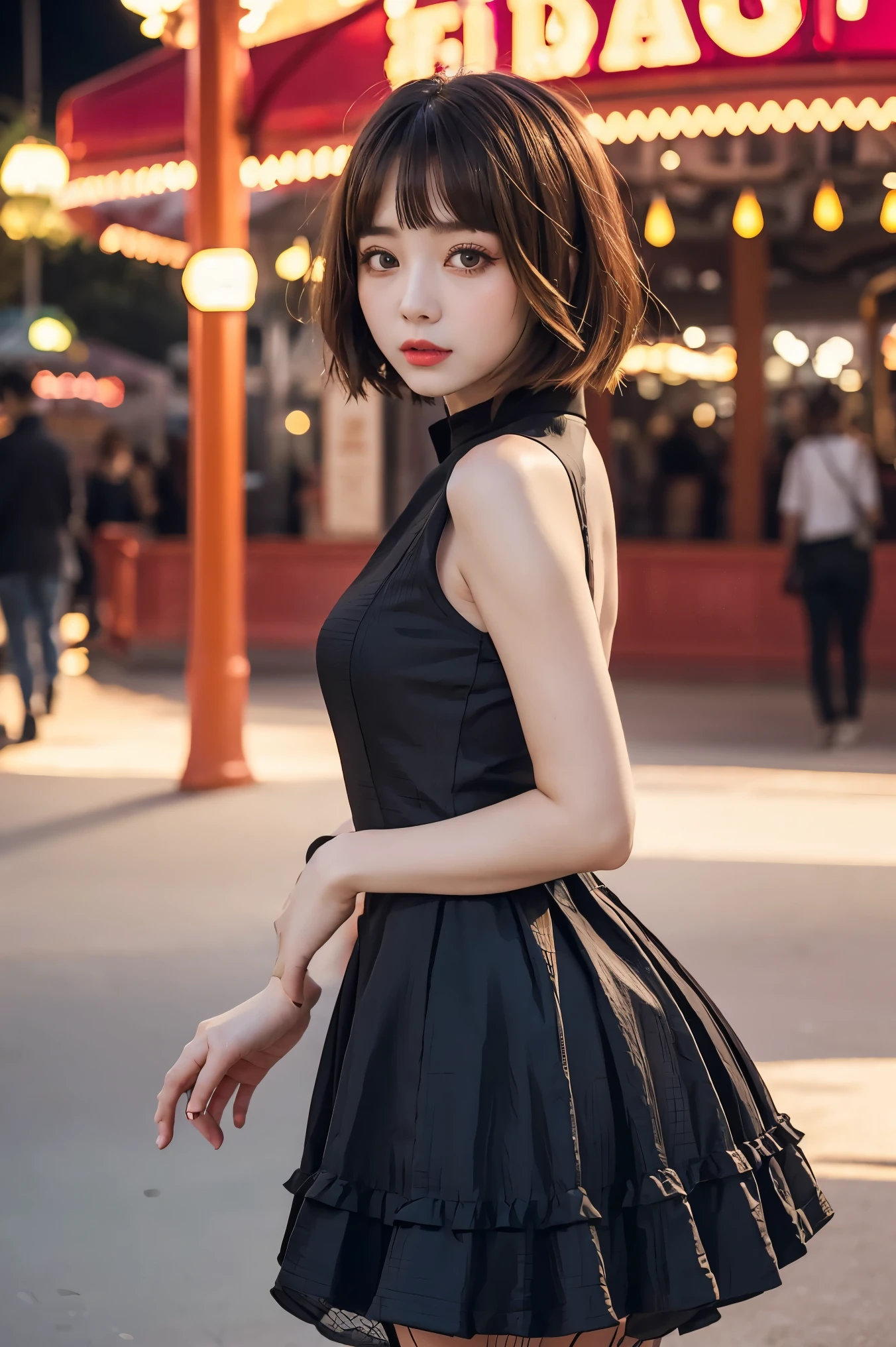 high quality UHD Accurate, beautiful girl, big eyes, thin lips, short bob hair tie, standing, stylish dress, Fishnet, Amusement park, Eye level 135mm
