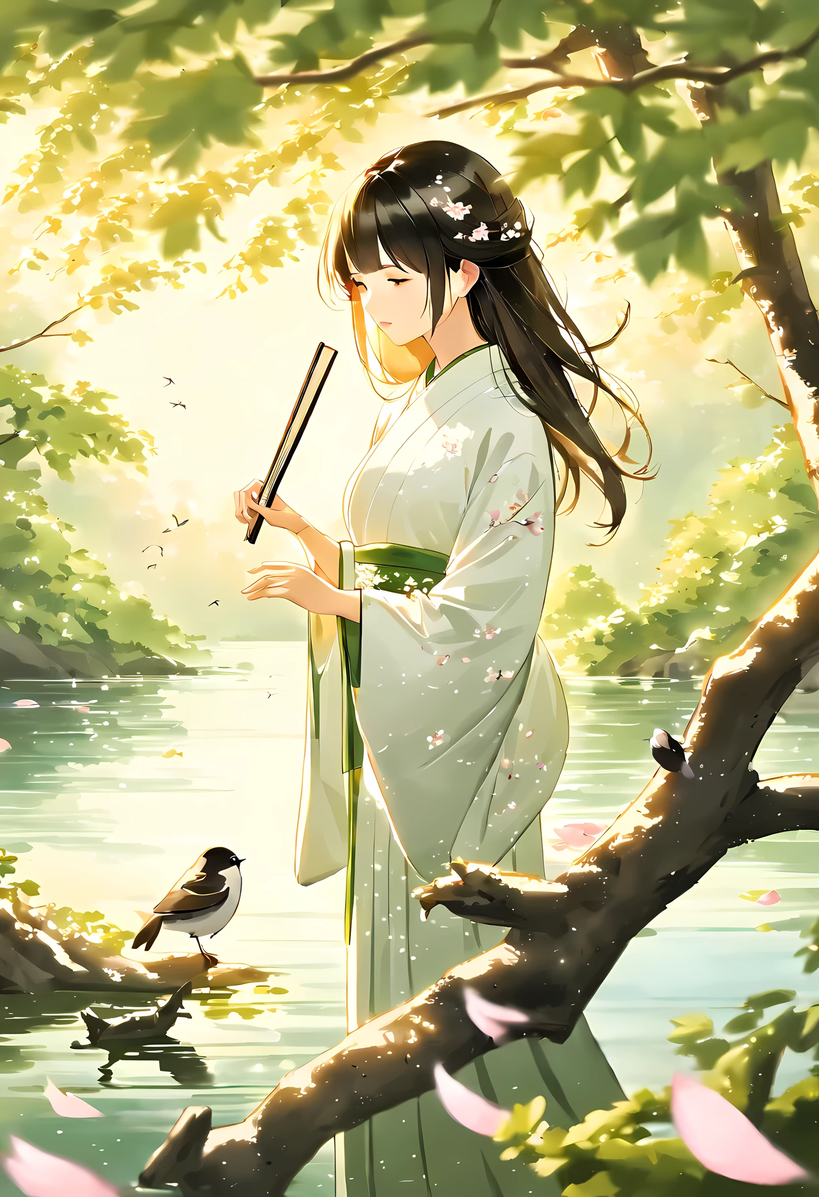 top quality, ink painting style, Fresh and elegant, clear lake water,under the sunset,Sakura petals fall quietly, Girl in pure white kimono, Holding a folding fan,A breeze ruffled my hair, In the woods dotted with green leaves, Birds chirped happily, poetic scene