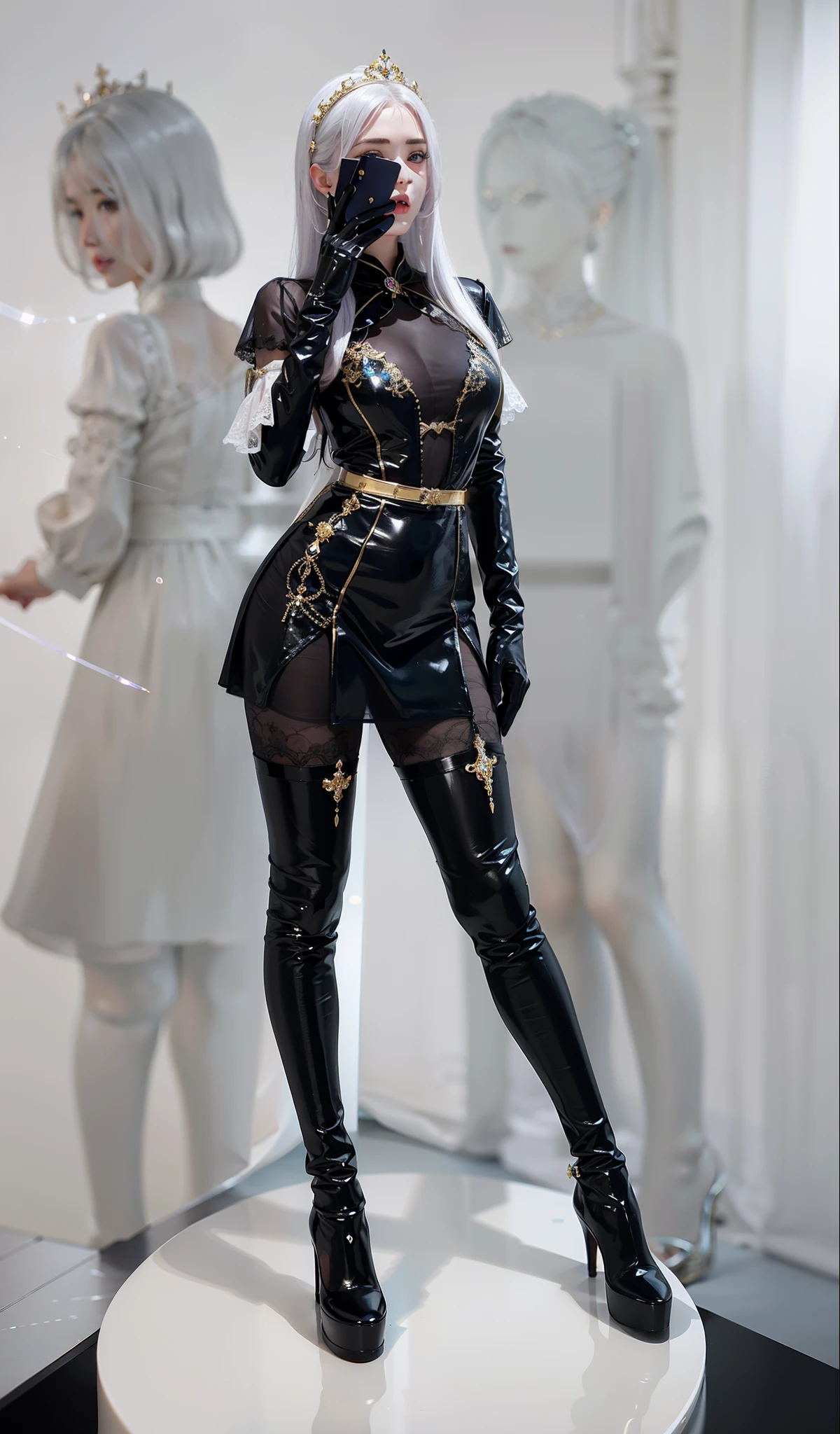 Royal sister,exquisite eyes,Detailed facial expressions body,tall figure,number,Leg length,4k,HD,Sensual,White translucent lace,Fair and plump figure,pretty face,Little cherry mouth,beautiful and delicious(3D royal sister),Gorgeous dress encrusted with gemstones crystal gold diamonds,gloss gel coat,