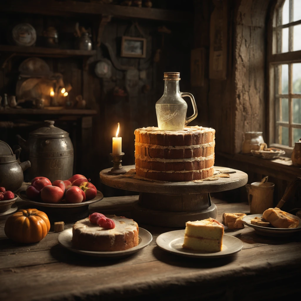 A rustic table . A festive treat in the village. A cake in the form of a moonshine still. Lots of details. Hyperrealism. A very thin comical cow is looking out the window.Super quality. the smallest details.ultra-rendered, perfect composition, intricate detail, octane render, 8K resolution, photorealistic, soft volumetric cinematic lighting, chiaroscuro effect .Best quality,4k,8k,High resolution,masterpiece:1.2,ultra detailed,realistic,photorealistic:1. 37,spectacular lighting,soft focus,high contrast,sandy texture,long shadows,gloomy film,emotional intensity,,expressionist,cinematic atmosphere,, Deep depth of field,,spectacular composition,iconic shots,storytelling through visual effects,character-based narrative,mysterious atmosphere,artistic film style,rich tonal range, 