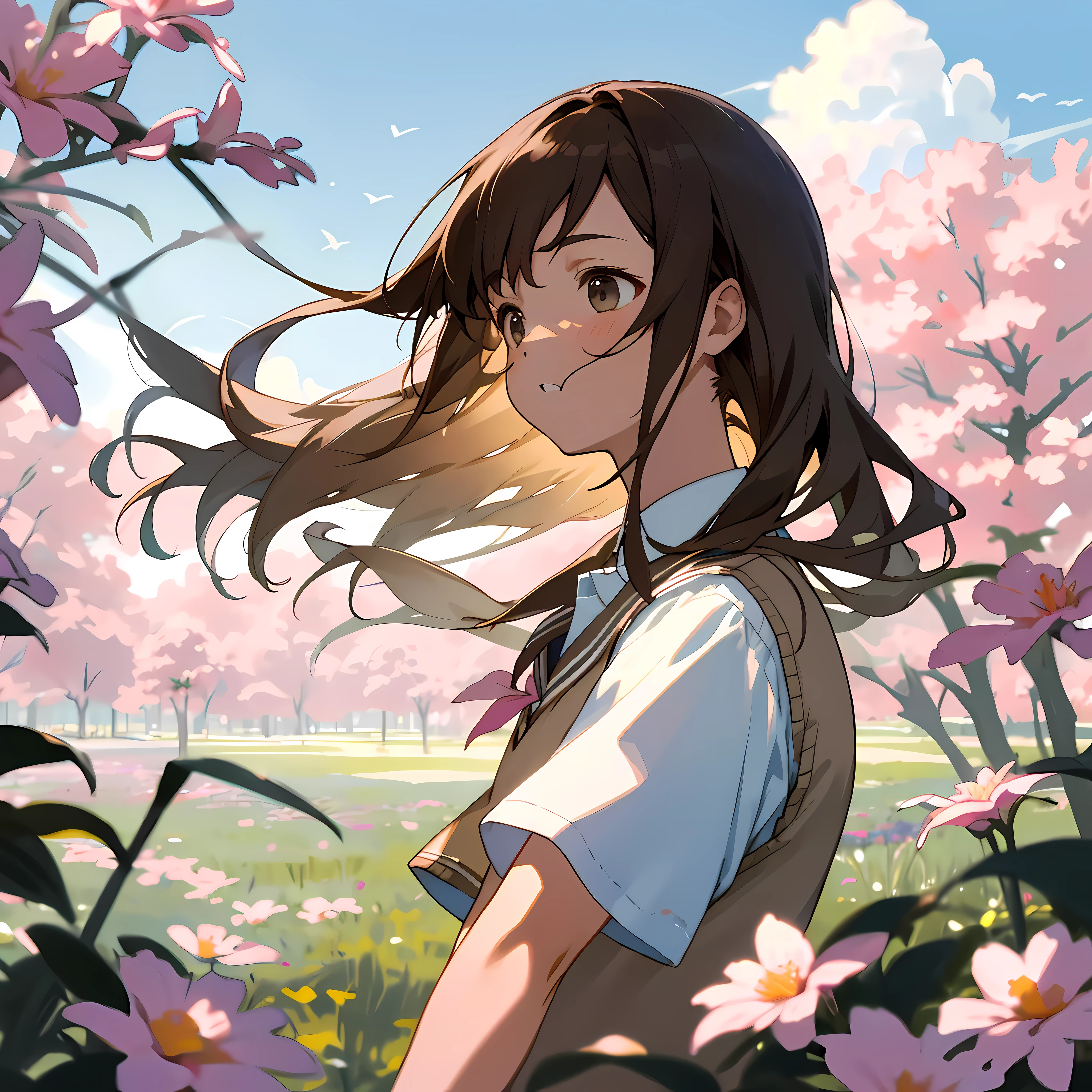 (masterpiece, best quality), 1boy, solo, flower, cute, long hair, outdoors, letterboxed, school uniform, day, sky, looking up, short sleeves, parted lips, shirt, vest, cloud, brown hair, sunlight, white shirt, serafuku, beige vest, upper body, from side, pink flower, blurry, blue sky, depth of field