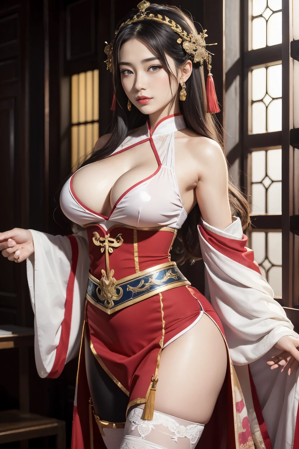 (best quality), oriental nobility,Girl's hot and thick red lips,Highly detailed 4K eyes and faces,beautiful beautiful blue eyes ,big breasts、Bewitching thigh、Full Body Warrior,martial arts,Zhao Yunzilong's feminization, With the Seiryu Engetsuto,Gorgeous light pink costume,stockings,woman with a gun,decorated costume,Background of the Three Kingdoms era