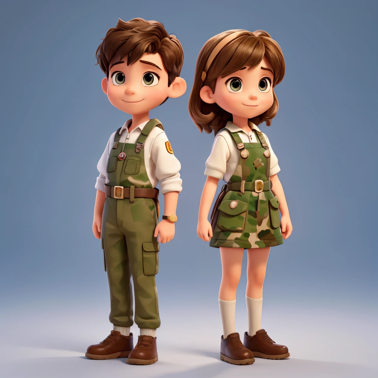 Original art quality, full body photo, Disney character animation style, a boy and a girl next to each other, children, dressed in soldiers' outfits, camouflage clothing style, standing posture, hands naturally Placed on both sides, looking forward, gentle and smiling expression, eyes full of light, white background, translucent, with light as the theme, the focus of light is on the characters, The overall image is fresh and bright.
