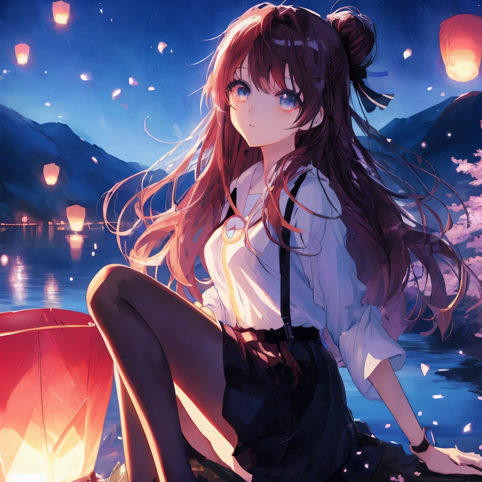 sit on rock,Anime girl with lantern in the background, anime style 4k, 4k anime wallpaper, anime art wallpaper 8k, anime art wallpaper 4k, Anime Art Wallpaper 4k, anime wallpaper 4k, anime wallpaper 4k, Beautiful anime girl, Beautiful anime, 4k comic wallpaper, night nucleus, anime long hair girl, cute anime girl