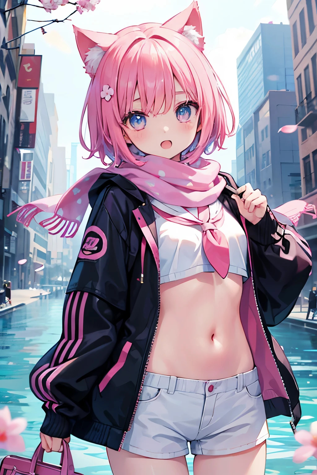Very beautiful and shining eyes、white hot pants、white and pink oversized jacket、Summer festival、night、Ocean、1 girl、small breasts、big mouth、small breasts、Cat ear、pink hair、scarf、shaggy hair、I can see your stomach