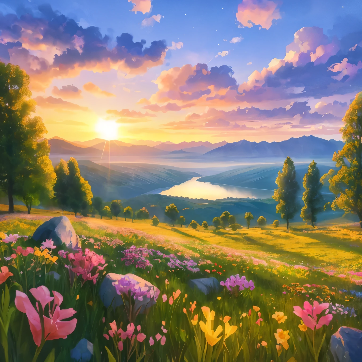 Painting of a beautiful sunset over a mountain valley with flowers, Beautiful art UHD 4K, a beautiful scenery, dreamy landscape, peaceful scenery, beautiful scenery, beautiful digital paintings, detailed painting 4k, 4K high-definition digital art, beautiful scenery background, beautiful dreamy landscape, anime countryside scenery, bright landscape, landscape artwork, romantic landscape, epic beautiful scenery, blissful landscape