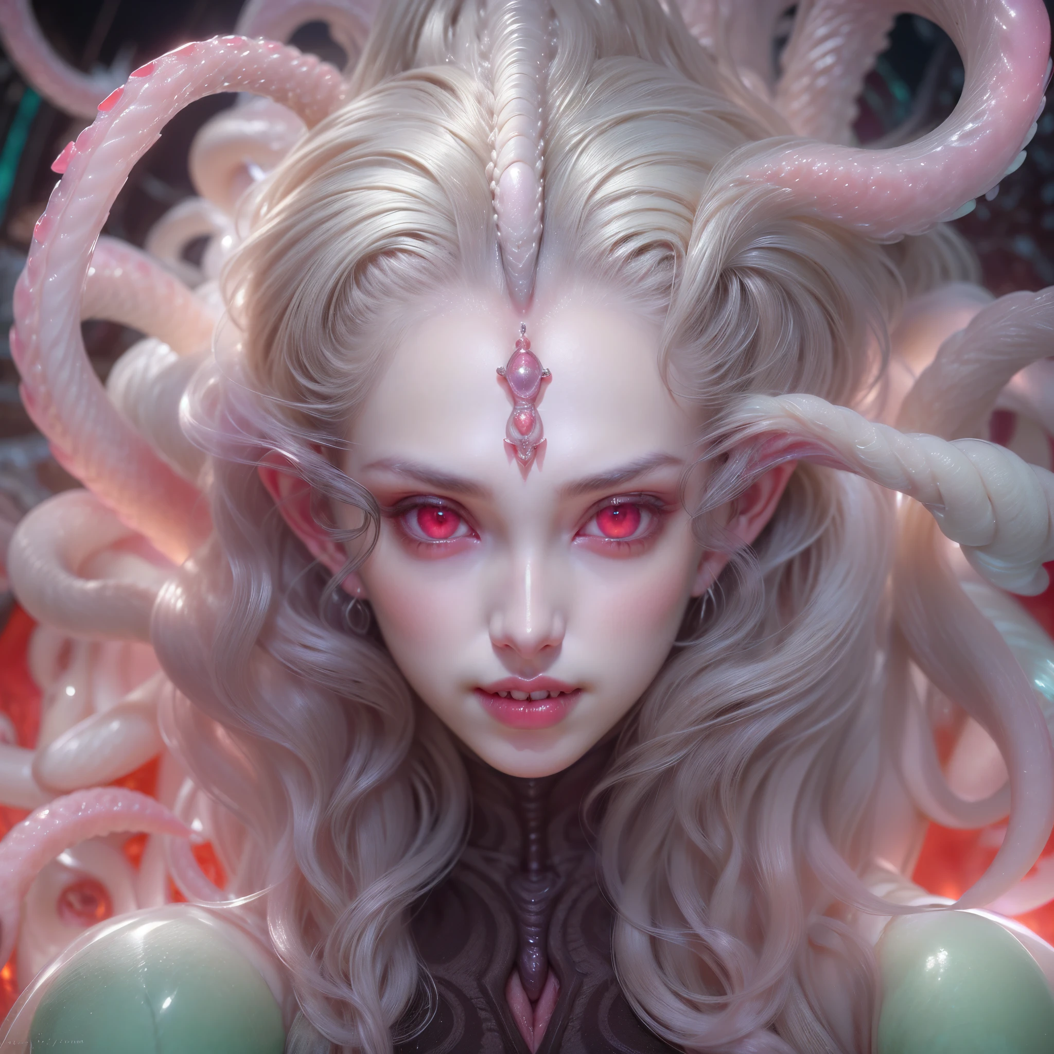 (1 beautiful and obscene female alien:1.4), (There is a female genital-like organ in the middle of her forehead:1.95), She has medusa-like hair, (there are lots of translucent white tentacles from her head like her hair:1.6), (vulgarity1.7), (she is looking down at viewers with glowing red eyes with no pupils:1.6), She is very sleepy face, (She has crystal clear skin:1.4),(She has the most beautiful face in the history of the universe:1.2), (She has multiple bioluminescent organs on the side of her tentacles:1.4), (Her body is covered with an iridescent exoskeleton:1.4), (She is showing her arm pits:1.6), an evil gaze that seduces, (looking down at viewers:1.4),(Vampire-like long canine teeth can be glimpsed through the gap between the cute lips:1.4) (bio luminescent:1.4), (Smile wickedly:1.3), (sexypose:1.4), alien, No humans, cells are fused, extraterrestrial, cell, bio image, ultra high resolution, (photos realistic:1.7), (Numerous award-winning masterpieces, with incredible detail, textures and maximum detail), Dramatic Lighting, cinematic quality, (exquisite details:1.2), High freshness, drawing faithfully, (Thick eyebrows:1.2), Beautiful eyes with fine symmetry,(Highly detailed face and eyes:1.2),(Super detailed skin quality feeling:1.4), perfect anatomy, (Beautiful toned body:1.5), (Moist skin:1.2), not wearing makeup, (dark circles:1.1), long canines, cinematic drawing of characters, cinematic quality, (exquisite details:1.2), high resolution, High freshness, drawing faithfully, official art, Unity 8K Wall paper, ultra detailed artistic photography, midnight aura, unreal engine 5, Ultra Sharp Focus, art by MUCHA, art by Amano Yoshitaka, ArtGerm, ultra realistic realism, dream-like, Creation of fantasy, dream Snail, (biopunk nautilus:1.3),Thrilling color schemes, seductively smiling, Amazing mutation, well-proportioned body, goddess of the deep sea, fractal, Geometric pattern, impossible figures, subtle emerald green accents, (expression of ecstasy:1.5)