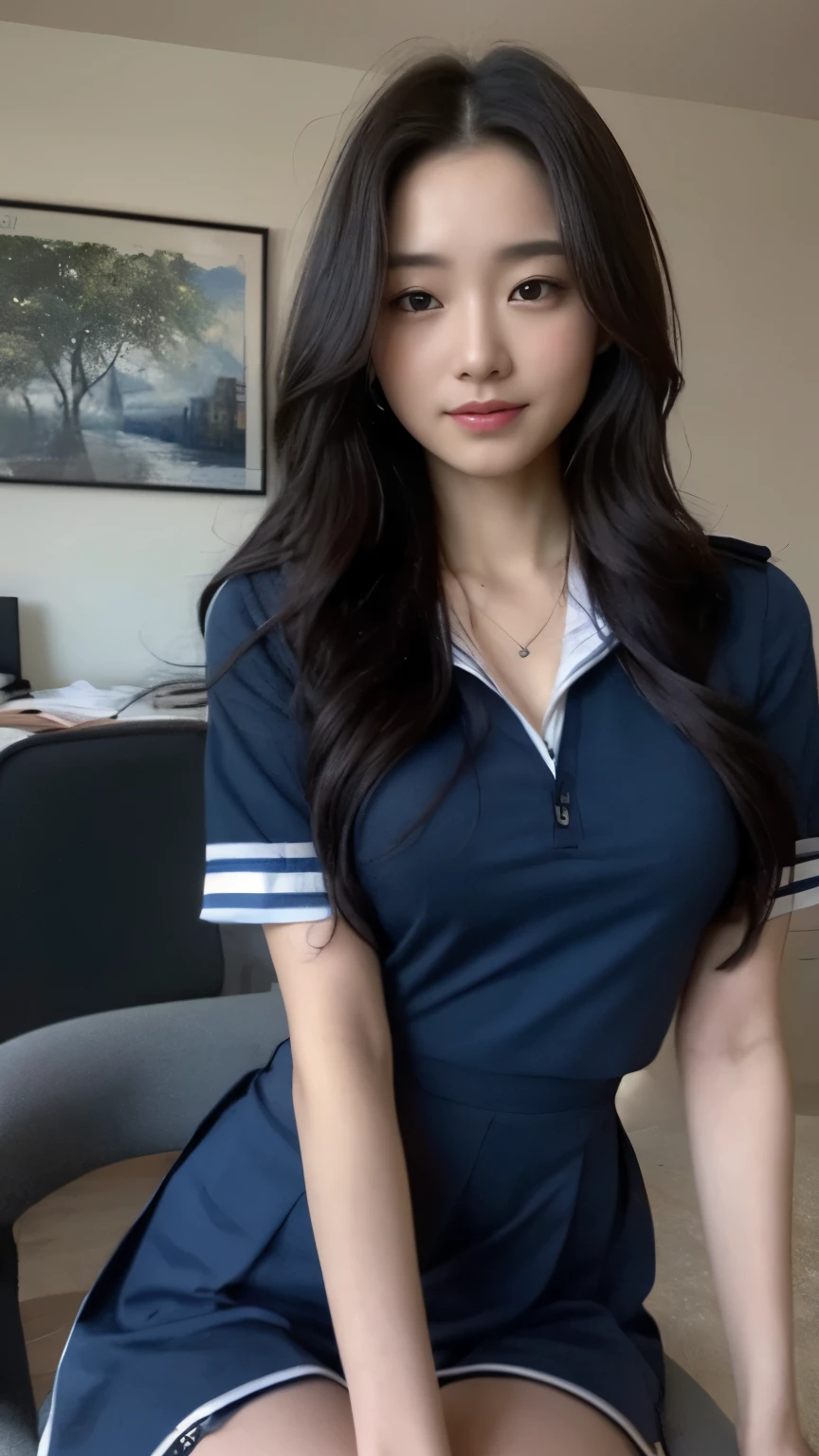 ((top-quality、8k、masterpiece:1.3))、Beautiful woman with perfect body:1.4、slim abdomen:1.2、Longhair, normal breast, Highly detailed facial and skin texture, A detailed eye, delicate eyes, double eyelid, (smile), (full body shot), ((office)), (sitting on chair), (((wearing blue uniform 1.1)), looking in front