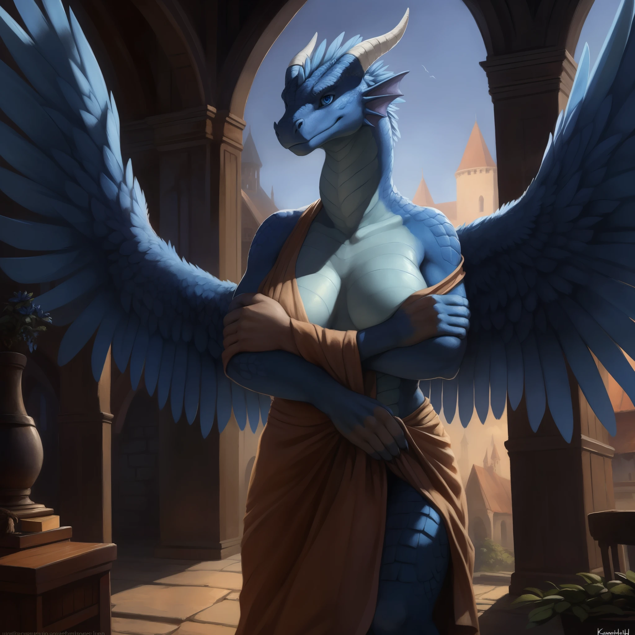 hd, a beautiful and detailed portrait of a big female feral scalie, dragon, saphira, golden skin, blue feathered wings, horn, blush, night, template, blue scales, blue eyes, sapphire blue body, big body, big blue feathers, big blue scales, non-mammal breasts, membranous wings, sexy body, shrink body, tan_countershading, tan body, goddess, looking at viewer, kenket, vip, Ross Tran,ruan jia, trending on artstation, foxovh, cenematic lighting, body, full body, looking at viewer, standing, big , medieval arrmor dress, (((covering self))), medieval castle room, front view, Cinematic frame shot, close up view,