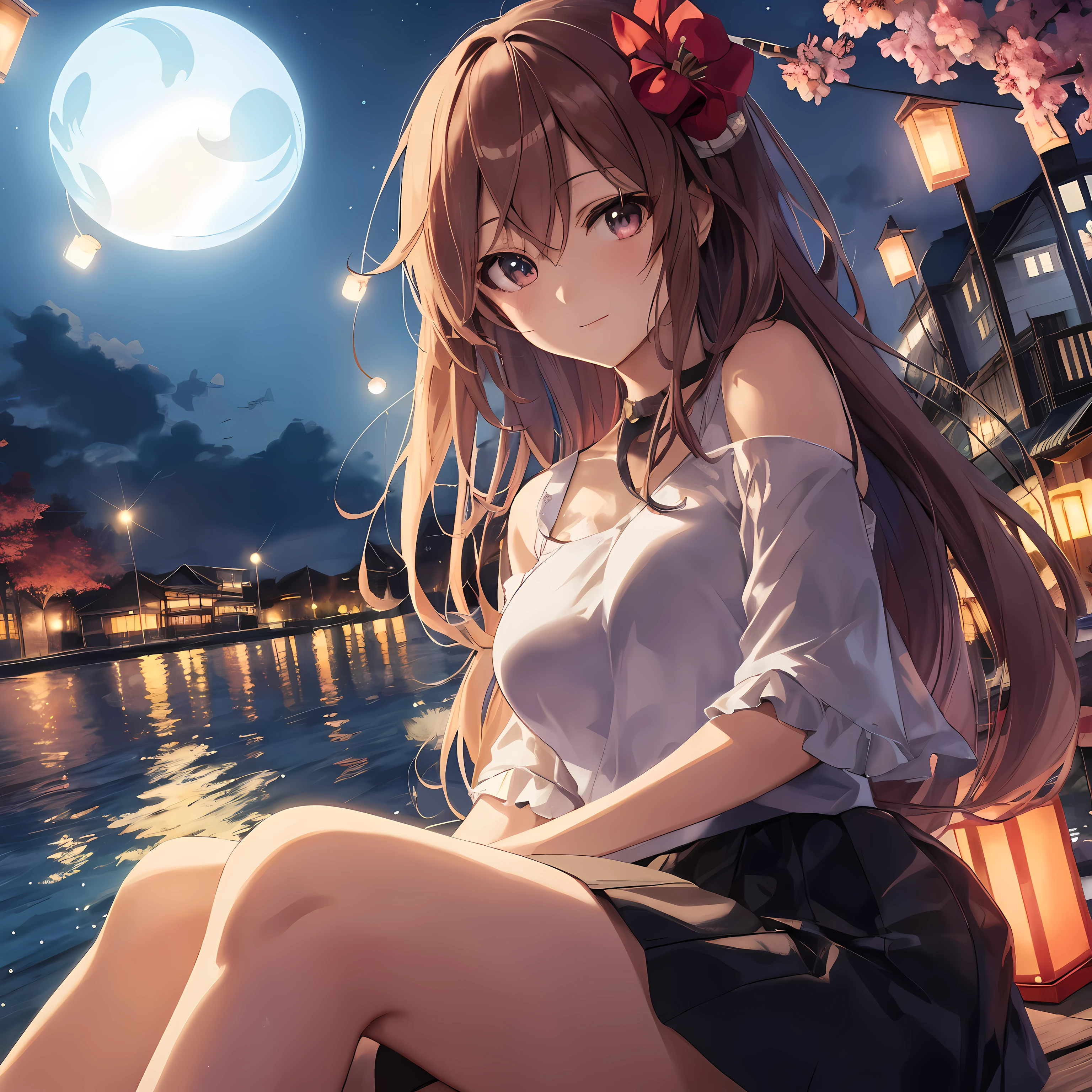 anime girl sitting on a dock with lanterns in the background, night nucleus, anime style 4k, beautiful anime girl, Beautiful anime, anime wallpaper4K, anime wallpaper4k, 4kanime wallpaper, hd anime wallpaper, anime wallpaper, Beautiful anime style, pretty anime girl, anime girl, cute anime girl, anime atmosphere, anime pictures