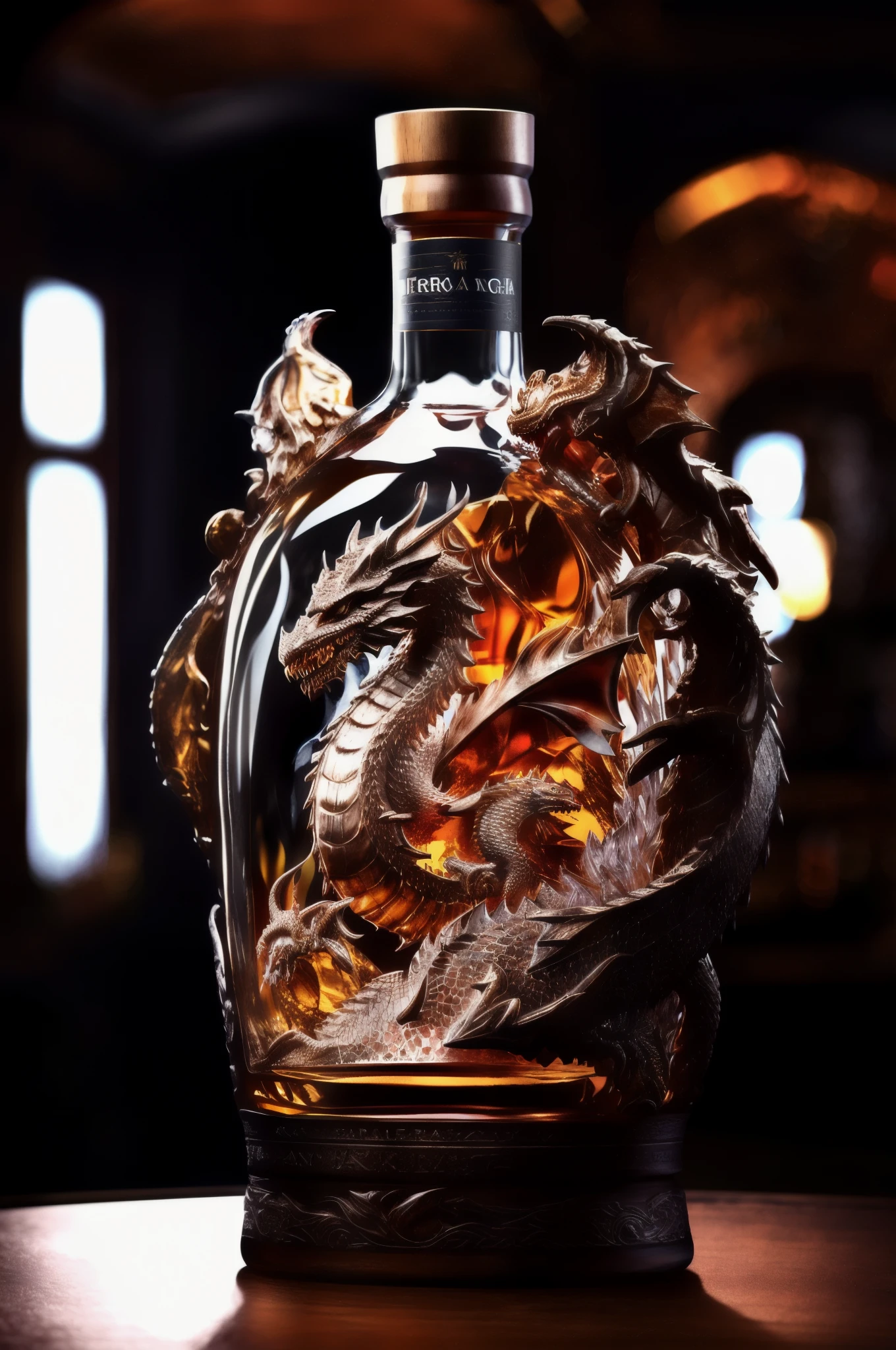 arafed bottle of whisky with a dragon head on top, very fancy whiskey bottle, fancy whiskey bottle, hyper realistic ”, hyper realistic”, closeup portrait shot, infused with zerg hydralisk, stunning and rich detail, close up portrait shot, ultra realistic ”, ultra realistic”, whiskey bottle, portrait shot, photo taken of an epic intricate, inspired by Li Kan