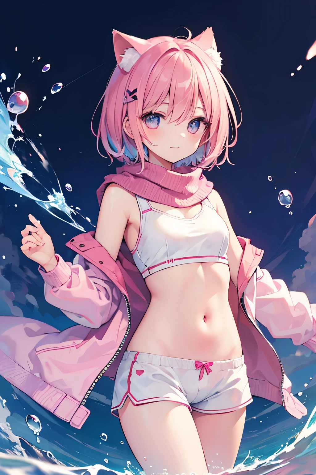 Very beautiful and shining eyes、shining eyes、1 girl、small breasts、closed mouth、high school girl、small breasts、Cat ear、pink short hair、scarf、white and pink oversized jacket、white hot pants、neon、Floating water、polka dots、I can see your stomach