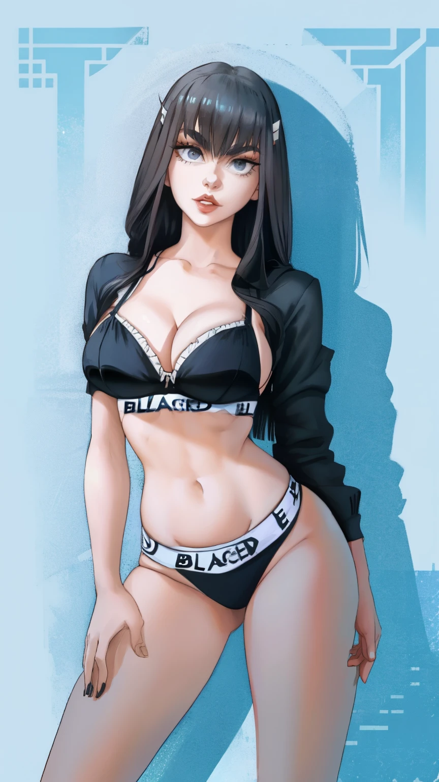 1girl, kiryuin, (black hair :1.3), hair between eyes, black hair, sideburns, gray eyes, lips, cleavage, big breasts, solo, lips, masterpiece, best quality, bare breasts, naked breasts, gigantic breasts, bimbo, ass, full body, blacked, blacked underwear, wide hips, killa la kill, kiryuin satsuki