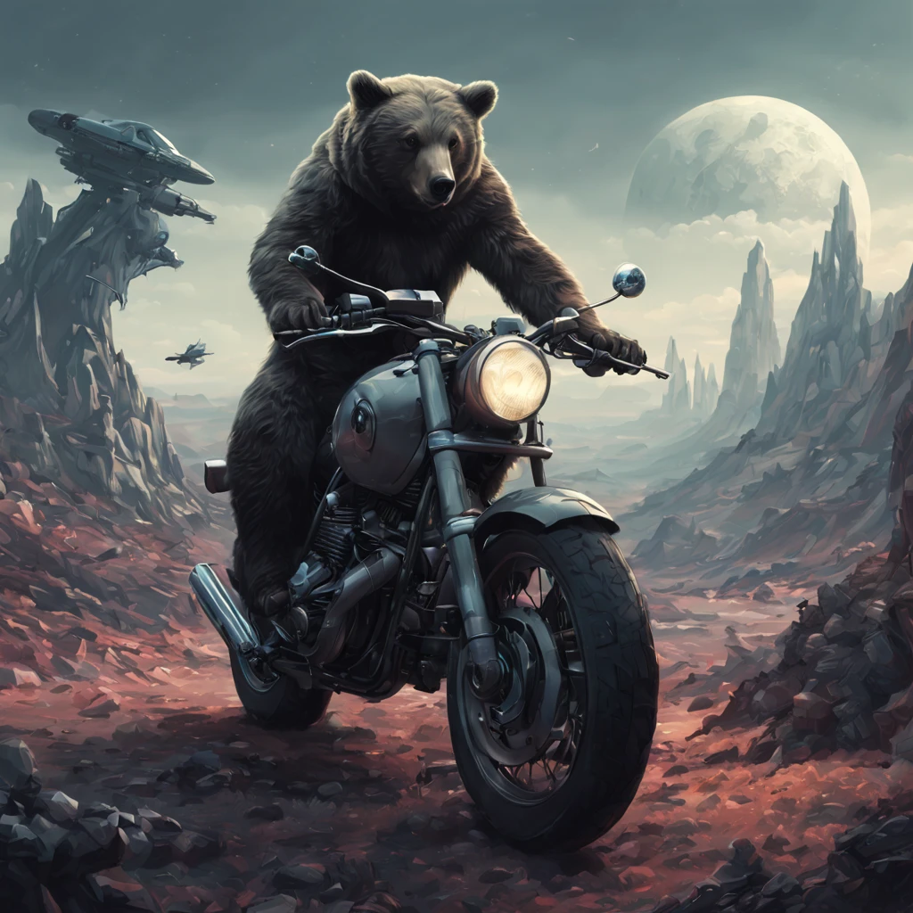 A bear staring on an Alien Planet in the future with a motorcycle, Gothic, desaturated, digital art, in the style of cgsociety and James Jean