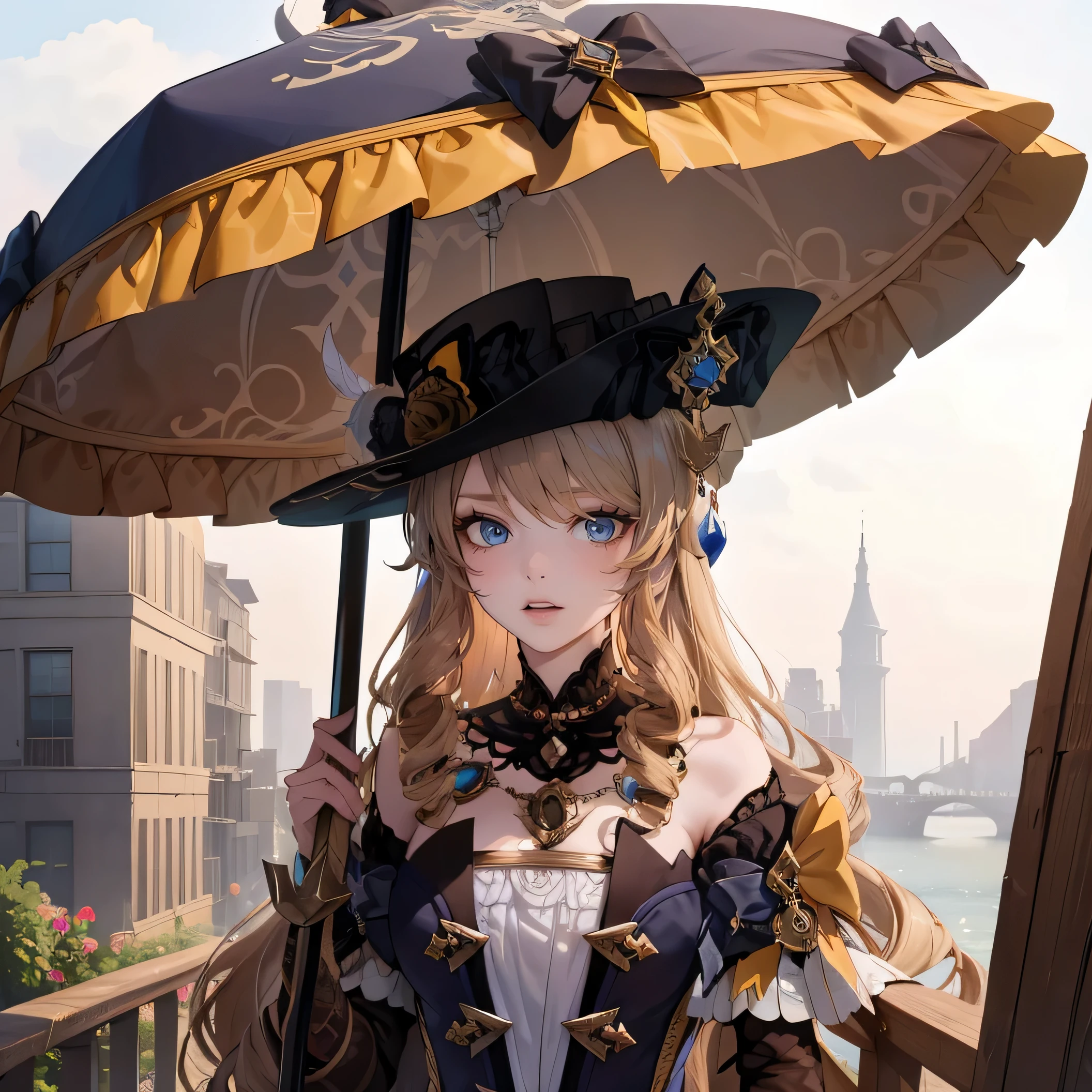 on the ship, there is a girl, holding an umbrella. The girl has beautifully detailed eyes and a kind smile on her face..... The ship is made in steampunk style on a beige background... The work must be of the highest quality.., be a masterpiece, and have high resolution details.