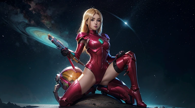 Personagem mulher. Usa uma armadura como a Samus do jogo Super Metroid. The bottom part is missing the armor. Esta usando uma calcinha muito pequena. Esta sem o capacete da Samus do Super Metroid. Tem um belo par de seios grandes e lindos, sensual, perfeito. Atraente. Sensual. Bonita. Galega. Sorriso lindo. The setting is on a planet called metroid. She&#39;s wielding a gun. 