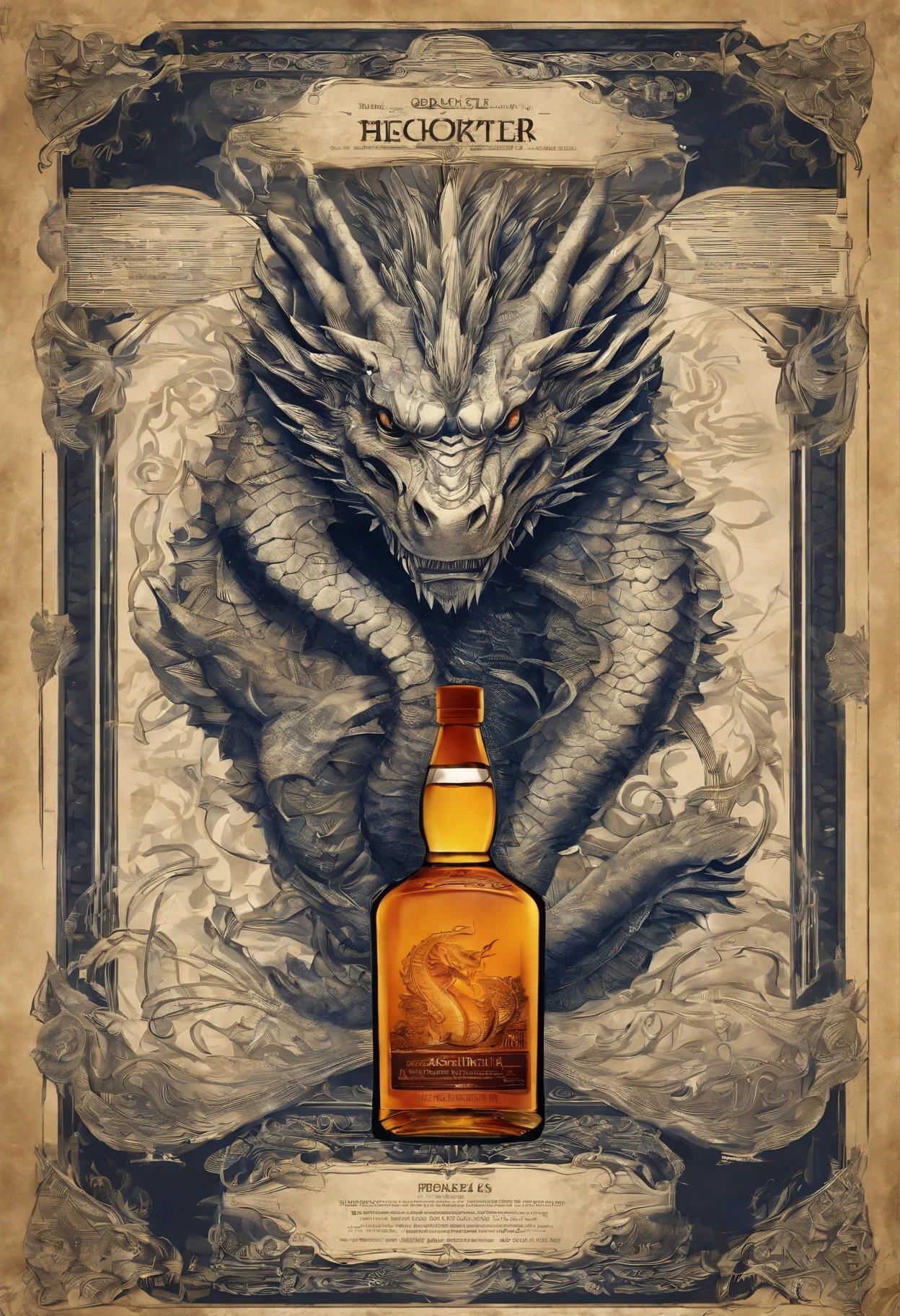 bottle of whisky with a dragon head on top, very fancy whiskey bottle, fancy whiskey bottle, hyper realistic ”, hyper realistic”, closeup portrait shot, infused with zerg hydralisk, stunning and rich detail, close up portrait shot, ultra realistic ”, ultra realistic”, whiskey bottle, portrait shot, photo taken of an epic intricate,
