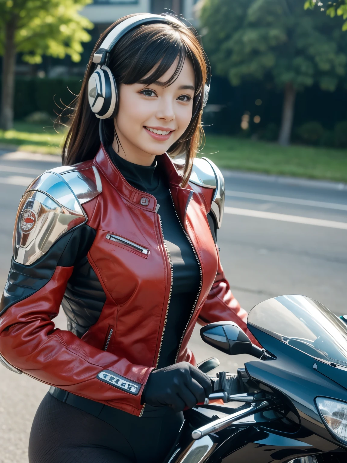 (((A woman with a mechanized body))), dynamic podium: 1.3), (realistic:1.5), (realistic:1.4), 8k, Super detailed beautiful girl, 1 girl, (a sunny day:1.5), Complex mechanical body details, (highest quality: 1.0), (Super high sharpness: 1.0),（Beautiful and delicate depiction of eyes）,((((ride a motorcycle)))),unreal engine:1.4,photorealistic:1.4, skin texture:1.4, masterpiece:1.8,highest quality at best,(Wearing the communication headset、The background is a futuristic city、red leather jacket、smile
