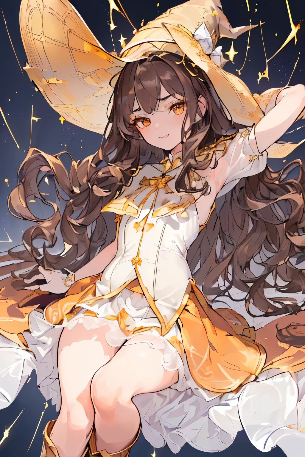 (((1girl))), ((best quality)), ((masterpiece)), ((ultra-detailed)), (illustration), (detailed light), (an extremely delicate and beautiful), (beautiful detailed eyes), (sunlight), ((extremely light)), ((extremely clothes)), (((hyper detail))),(((((front lighting))))),(((((front light))))),
((((quite adorable Gold uniform with a brief skirt and magical hat)))), (((Novice Warock))),
,
(((wavy long hair))), ((((dark brown hair)))), (((long hair))),
(((dark orange eyes))),
((((whole body)))), aged 5 to 8, ((((())))), ((((very adorable young girl)))),
((condescending expression)), ((mischievous smile with sexual satisfaction)), (((extra adorable))), (((((extra slender shape))))),
(((((extremely beautiful detailed face))))),
(((dynamically attacking enemies by a spell of Sparks))), (((elegant magic boots))),
(Dutch angle), (((elegant magic gloves))), ((transparent magical underskirt)), (a little bit exposed adorable magical panties)