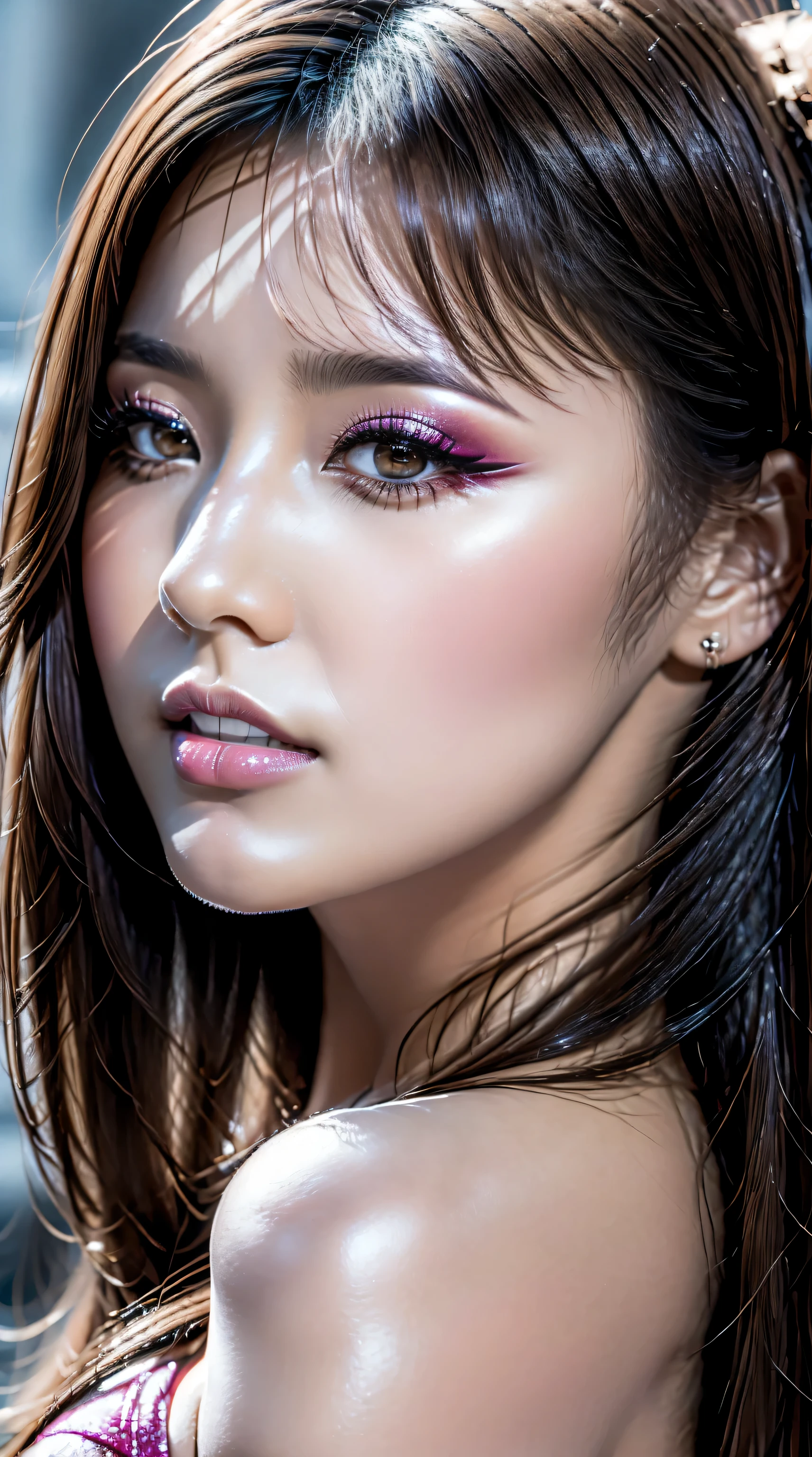 (photo realistic:1.5), (hyper realistic:1.45), (realistic:1.35), (smoother lighting:1.05), (increase cinematic lighting quality:0.3), 32K, 1girl,22yo girl, realistic lighting, backlighting, light on face, ray trace, (brightening light:1.2), (Increase quality:1.4), (best quality real texture skin:1.4), ((finely detailed eyes)), finely detailed face, ((finely quality eyes)), (tired and sleepy and satisfied:0.0), ((face closeup)), bikini, korean girl, (Increase body line mood:1.1), (Increase skin texture beauty:1.1), (pink_makeup:1.28, eyeliner:1.25), there a close up of a woman's eye with a digital rendering, (perfect dark_eyeshadows:1.29), (detailed makeup on eyes:1.33), iridescent eyes, with professional makeup, vibrant eyes:1.2, ((Glamour, paparazzi taking pictures of her), (very complicated Extravagant street outfit), The attention to detail, Double eyelids, Wear an off-the-shoulder top, full bodyesbian,((black short hair:1.2)), ((brown_eyes:1.4)), 16K, UHD, Extremely detailed, voluminetric warm lighting,