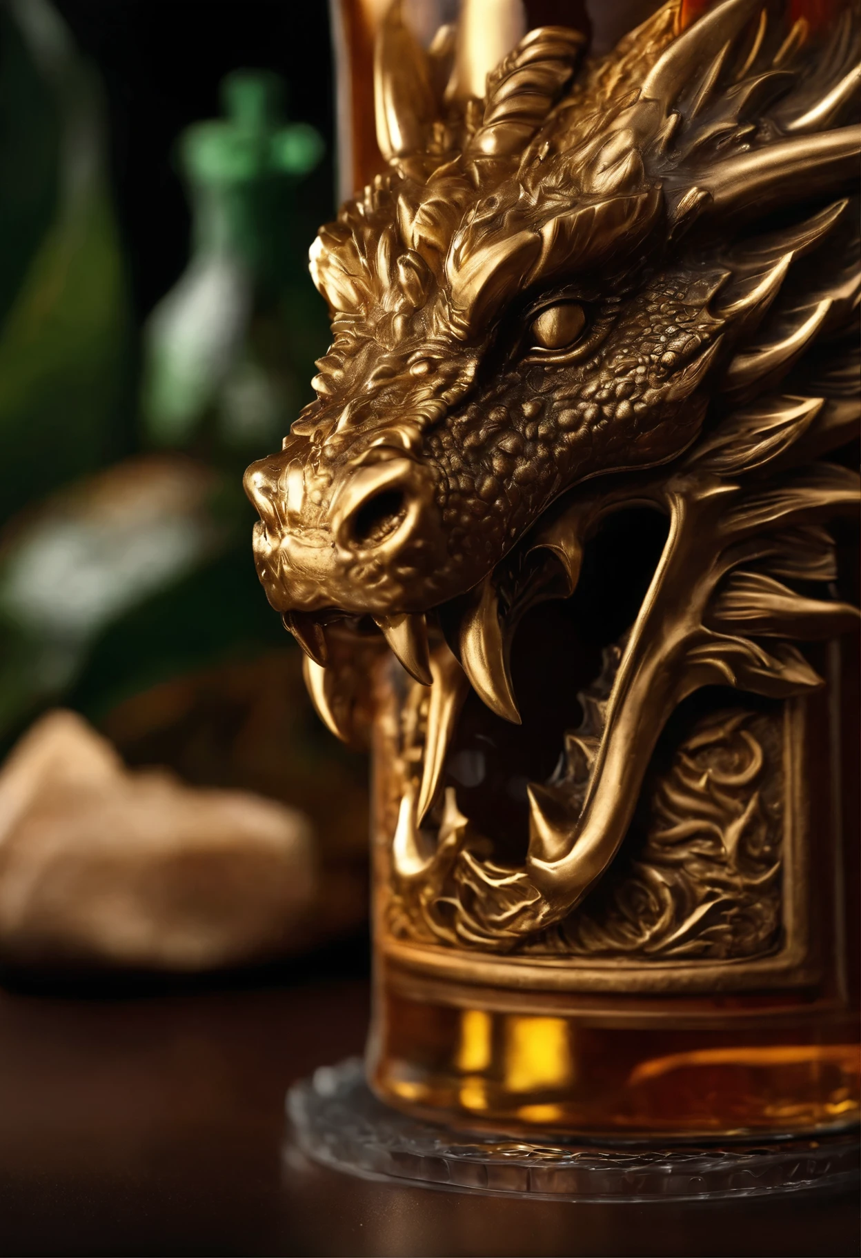 bottle of whisky with a dragon head on top, very fancy whiskey bottle, fancy whiskey bottle, hyper realistic ”, hyper realistic”, closeup portrait shot, infused with zerg hydralisk, stunning and rich detail, close up portrait shot, ultra realistic ”, ultra realistic”, whiskey bottle, portrait shot, photo taken of an epic intricate,