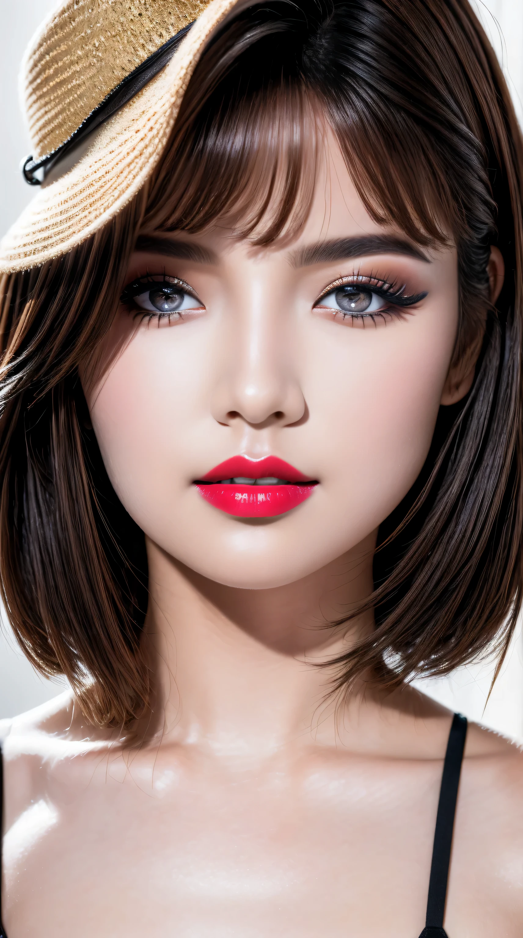 (ultra-detailed portraits)、 ((Ultra-realistic最high quality、 8K、 The ultra -The high-definition))、1girl:1.3 22years old、fashion supermodel、real:1.5、photorealistic:1.5、very delicate and beautiful、((masterpiece)), ((absurdres))、 ((sharp fous))、(beautiful face:1.5)、(detailed face:1.45)、(detailed eyes:1.45)、(detailed lips:1.3)、(Detailed nose:1.2)、(Glamour, paparazzi taking pictures of her)、(light dark short hair、extremely detailed)、 contrast、 Long blue_eyelashes:1.25、 (dark_eyeshadows:1.25)、 (red_lipstick:1.28)、((perfect round eyes))、 (brown_eyes:1.35)、 purple_makeup:1.23、(matte skin:1.4)、(close-up face), 8K, UHD
