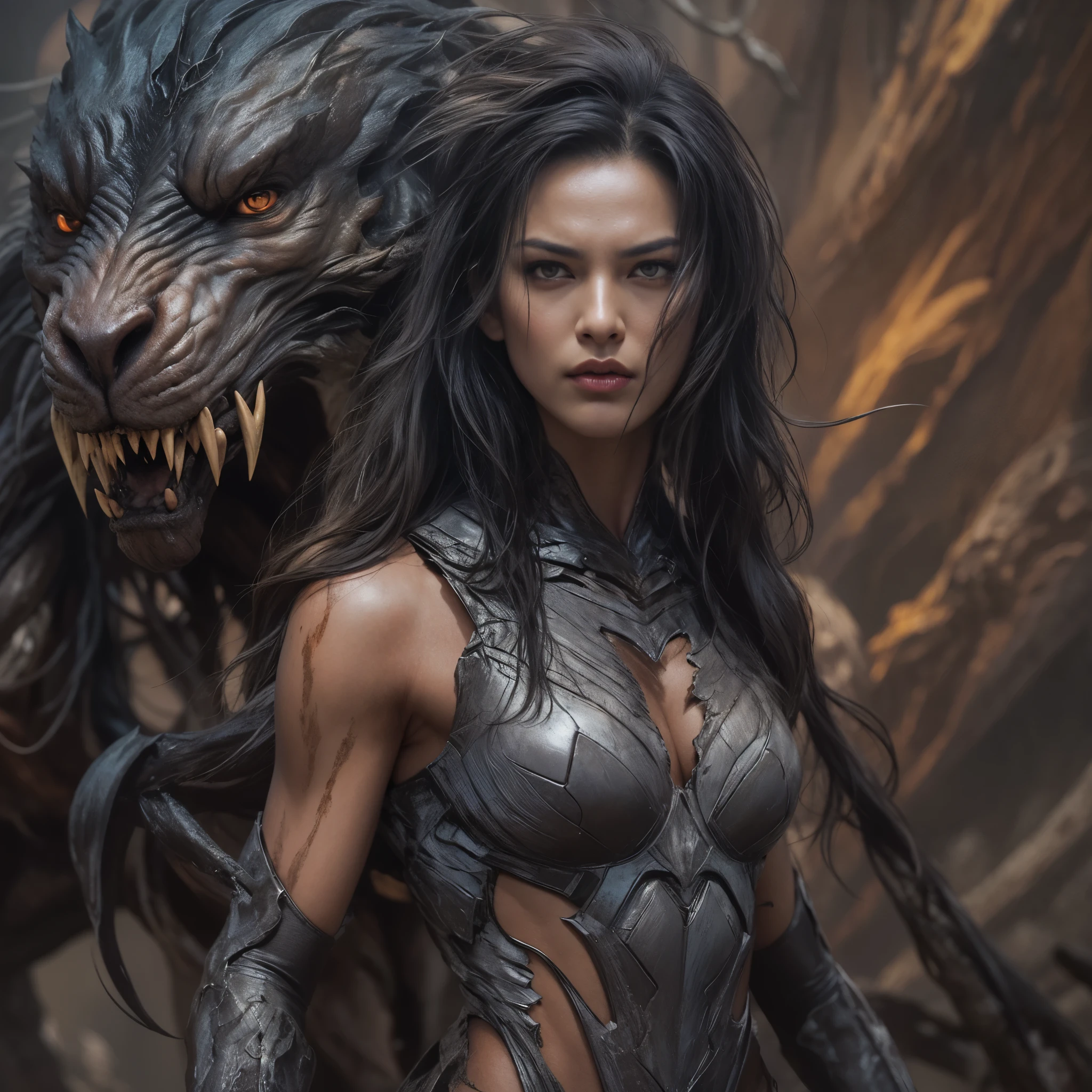 1 female alien, The predator, (extremely beautiful:1.2), (intense gaze:1.4), (predator:1.1), long dark claws, (NSFW:0.8), nipples, thick eyebrows, (shine orange eyes:1.2), the most beautiful face in the universe,  jet black hair, symmetrical beautiful eyes,

A woman predator with an extremely beautiful face, her intense gaze fixed on her prey, a primal force that could not be denied.

(beautiful lean body:1.5), (muscular build:1.2), (prowling:1.3), (sleek movements:1.4)

Her beautiful body, muscular and toned, moved with sleek grace as she prowled, ready to strike at a moment's notice. The predator within her was always on,                                                                          
                                                                                                                                                               
 cinematic drawing of characters, ultra high quality model, cinematic quality, detail up, (Intricate details:1.2), High resolution, High Definition, drawing faithfully, Official art, Unity 8K wall , 8K Portrait, Best Quality, Very High resolution, ultra detailed artistic photography,