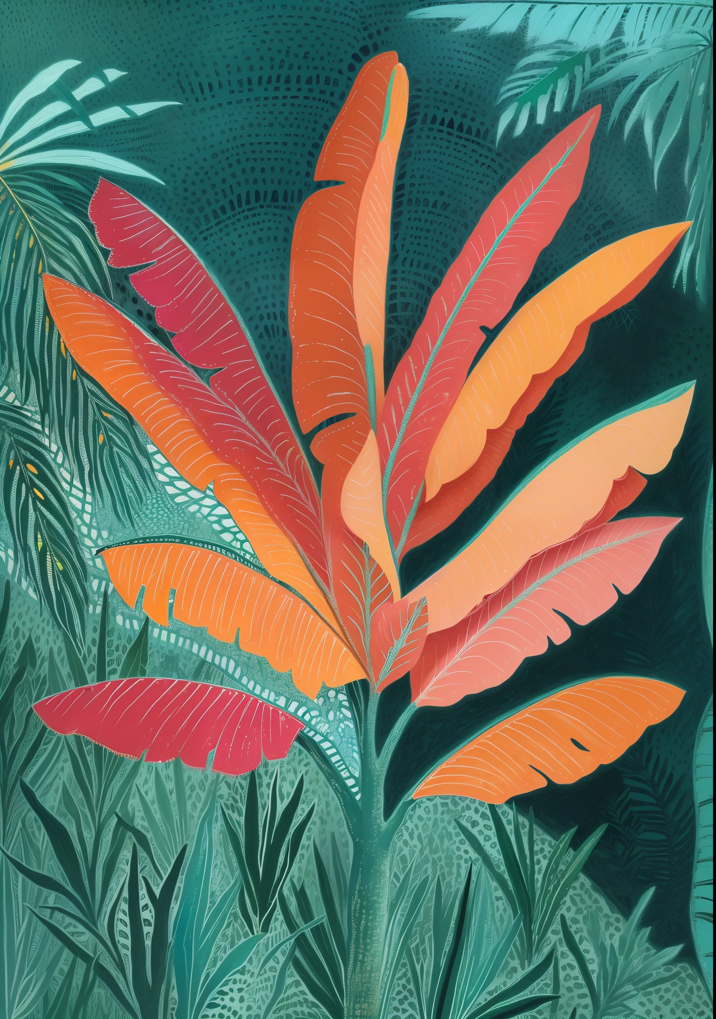 um close de uma pintura de uma planta com folhas de laranja, selva colorida, inspirado em Gustave Baumann, colorful plantas tropicais, clima tropical, folhagem vibrante, folhas tropicais, plantas tropicais, folhagem tropical, vibrant vegetation, selva tropical, tropical vibe, Apenas Bartel, detailed digital illustration, exotic vegetation, folhas, colored in teal and orange, pintura misteriosa da selva