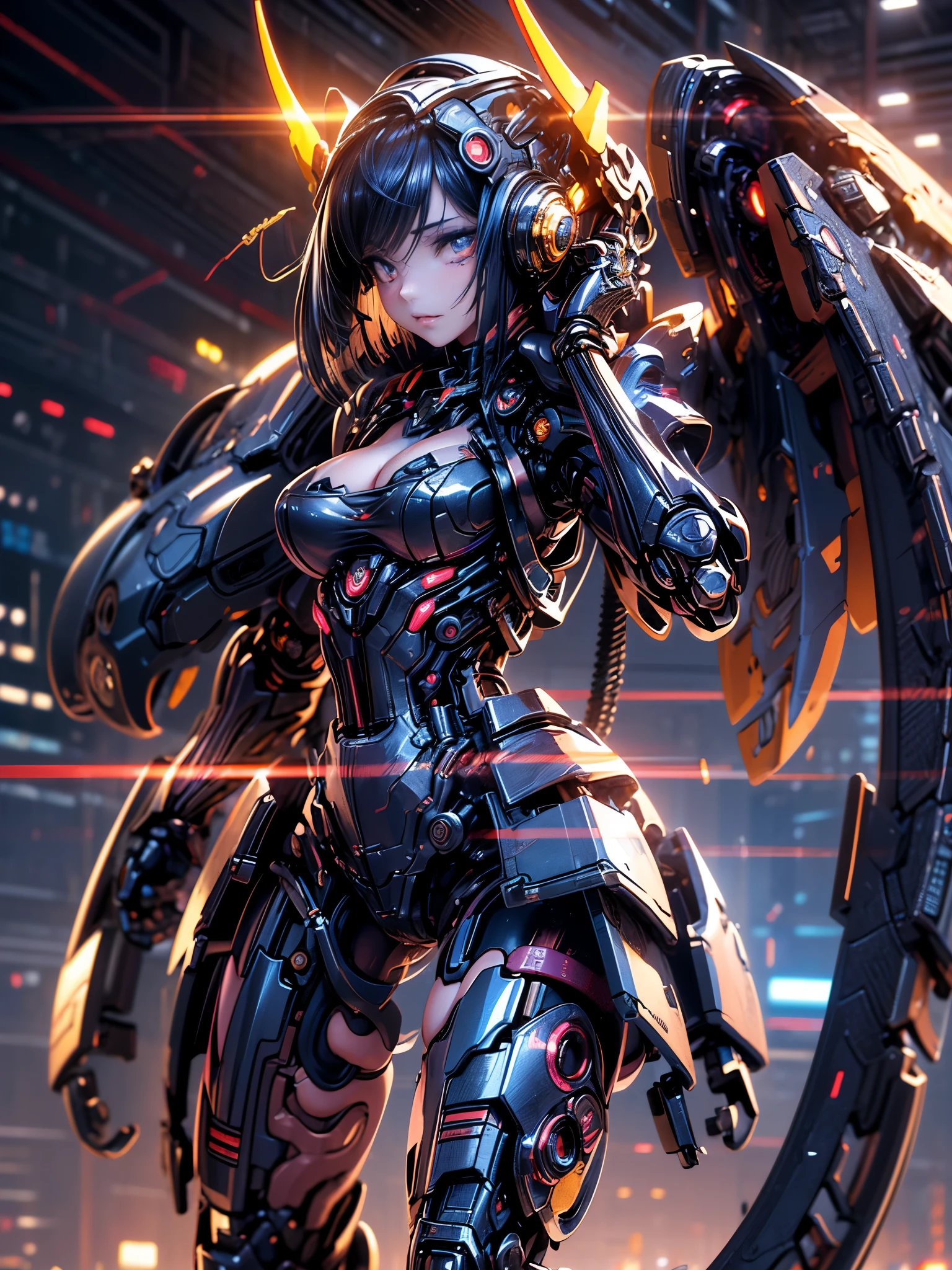 best image quality,excellent details,ultra high resolution,(fidelity:1.4),best illustrations,focus on details,daughter,Mecha wing,The background is a futuristic city,((sunrise)),beauty of android、black hair medium bob、19 years old、Neat and detailed facial features、beautiful girl、Full mechanical armor based on blue-purple and gold.、(Realistic mechanical parts:1.3)(Bare skin of cleavage and thighs exposed:1.3)banshee、backpack unit(mechanical hood)(inorganic mechanical wing:1.4)Cyberpunk characters,(model pose:1.3)volume light、