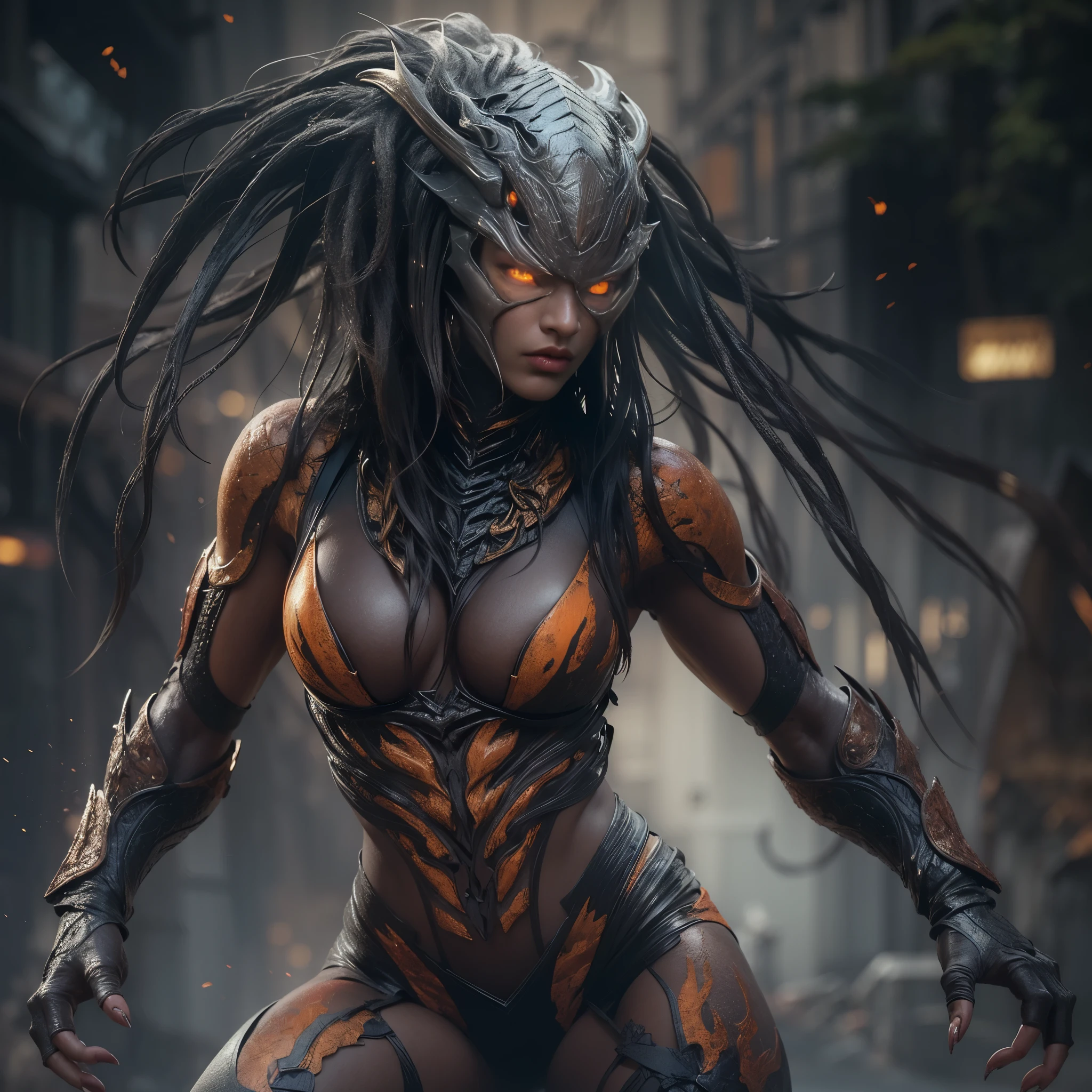 1 female alien, The predator, (extremely beautiful:1.2), (intense gaze:1.4), (predator:1.1), long dark claws, (NSFW:0.8), nipples, thick eyebrows, (shine orange eyes:1.2), the most beautiful face in the universe,  jet black hair, symmetrical beautiful eyes,

A woman predator with an extremely beautiful face, her intense gaze fixed on her prey, a primal force that could not be denied.

(beautiful lean body:1.5), (muscular build:1.2), (prowling:1.3), (sleek movements:1.4)

Her beautiful body, muscular and toned, moved with sleek grace as she prowled, ready to strike at a moment's notice. The predator within her was always on,                                                                          
                                                                                                                                                               
 cinematic drawing of characters, ultra high quality model, cinematic quality, detail up, (Intricate details:1.2), High resolution, High Definition, drawing faithfully, Official art, Unity 8K wall , 8K Portrait, Best Quality, Very High resolution, ultra detailed artistic photography,