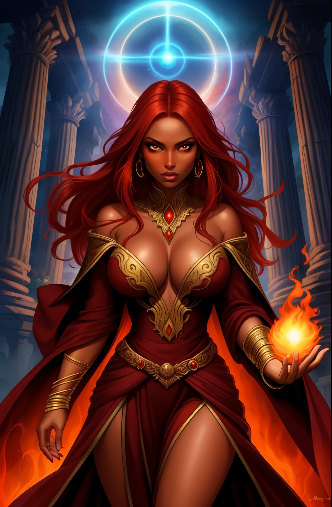 (a woman with fiery red hair and dark skin,fierce gaze,flowing robe:1.1,[portrait,sorceresysterious atmosphere,enchanted garden,glowing magical orbs,ancient ruins,fantastical creatures,spellbinding powers,ethereal beauty,[vivid colors,magical lighting],powerful presence,spellcasting)