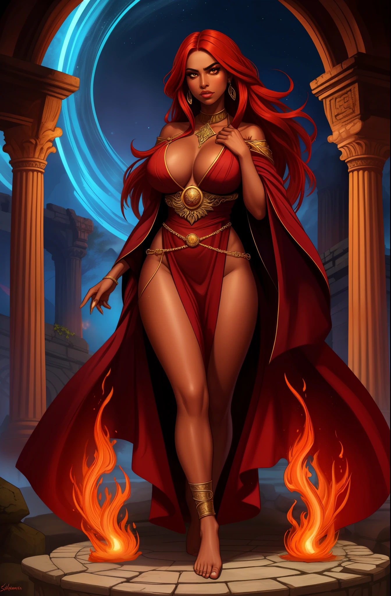 (a woman with fiery red hair and dark skin,fierce gaze,flowing robe:1.1,[portrait,sorceresysterious atmosphere,enchanted garden,glowing magical orbs,ancient ruins,fantastical creatures,spellbinding powers,ethereal beauty,[vivid colors,magical lighting],powerful presence,spellcasting)