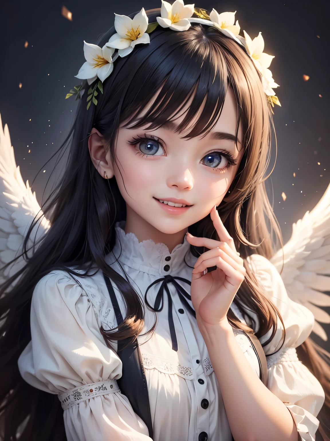 best image quality、detailed eyes、long eyelashes、fairy tale world、５old little angel、A young angel with a big head and a 、An angel ring is floating above my head、She&#39;s talking to me with her cute mouth open.、cute smile、Surprisingly big and sparkling eyes、There are cute angels with angel rings floating above their heads around the girl.、Pose with hand next to mouth、happy smile、The background is a bright winter landscape in Northern Europe.、Diamond dust is dancing glitteringly、