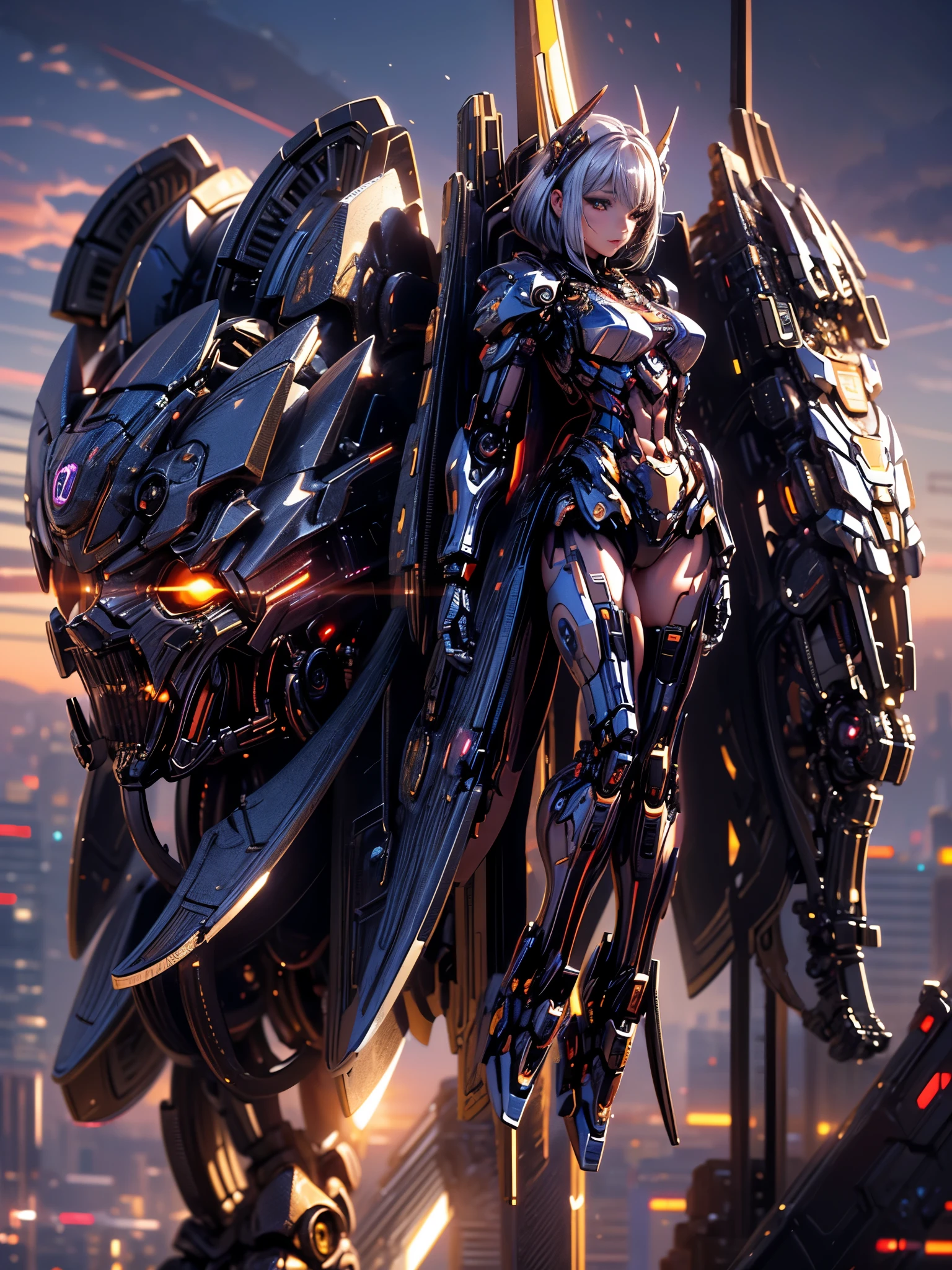 best image quality，excellent details，ultra high resolution，（fidelity：1.4），best illustrations，focus on details，daughter，Mecha wing，The background is a futuristic city，((sunrise))，beauty of android、Silver-haired medium bob、19 years old、Neat and detailed facial features、beautiful girl、Full mechanical armor based on purple and gold、(Realistic mechanical parts:1.3)(Bare skin of chest and thighs exposed:1.3)banshee、backpack unit（inorganic mechanical wing:1.4）Cyberpunk characters，(model pose:1.3)volume light、
