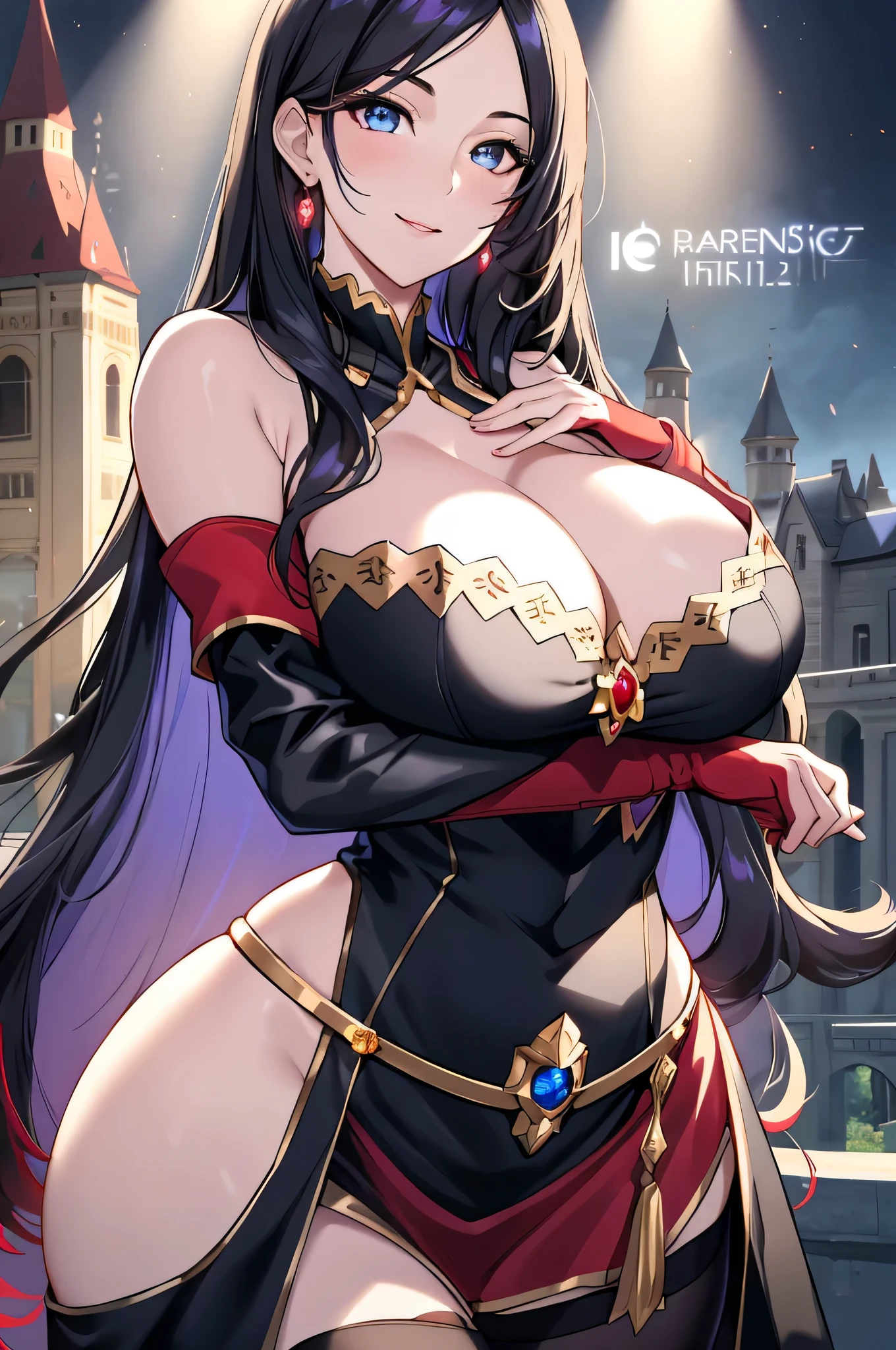 Lian, long black hair, hair stick, black clothes, bangs, blue eyes, solo, smiling, standing, upper body, hips, bare shoulders,purple thighhighs,red dress, gold jewelry,armor,gloves,circlet, cleavage, red and gold royal castle, gigantic breasts, (best quality, masterpiece, beautiful and aesthetic:1.2, highest detailed face, perfect face,) eyes, perfect face,expressive eyes,
looking at viewer, in the center of the image,(Upper_body),(Focus on her face),
official art,extremely detailed CG unity 8k wallpaper, perfect lighting,Colorful, Bright_Front_face_Lighting,shiny skin,
(masterpiece:1.0),(best_quality:1.0), ultra high res,4K,ultra-detailed