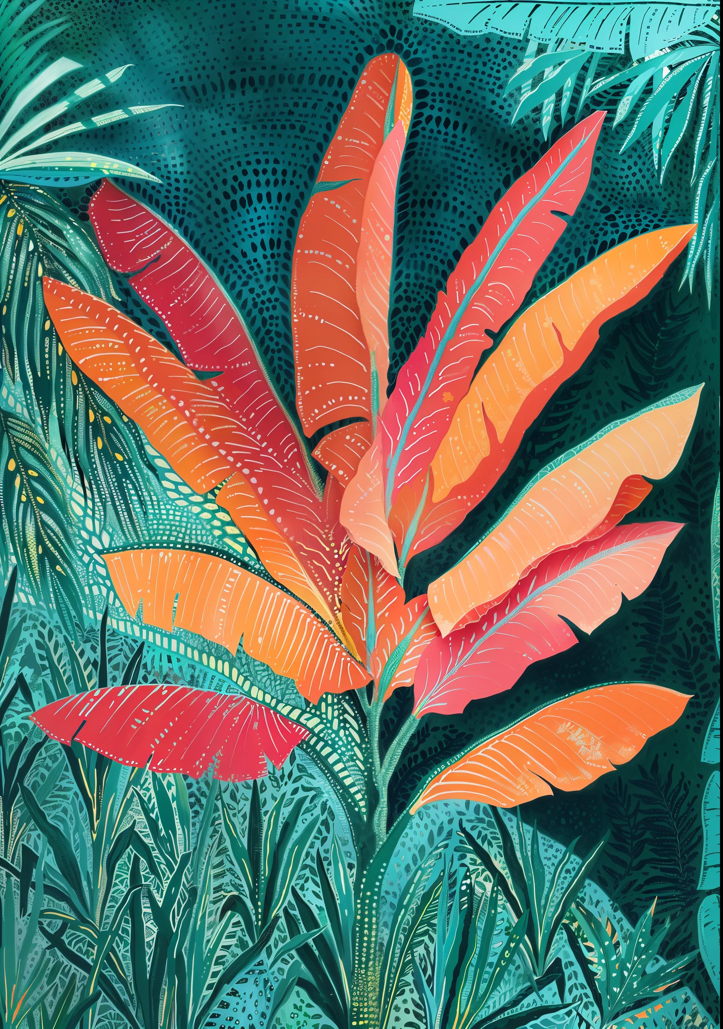um close de uma pintura de uma planta com folhas de laranja, selva colorida, inspirado em Gustave Baumann, colorful plantas tropicais, clima tropical, folhagem vibrante, folhas tropicais, plantas tropicais, folhagem tropical, vibrant vegetation, selva tropical, tropical vibe, Apenas Bartel, detailed digital illustration, exotic vegetation, folhas, colored in teal and orange, pintura misteriosa da selva