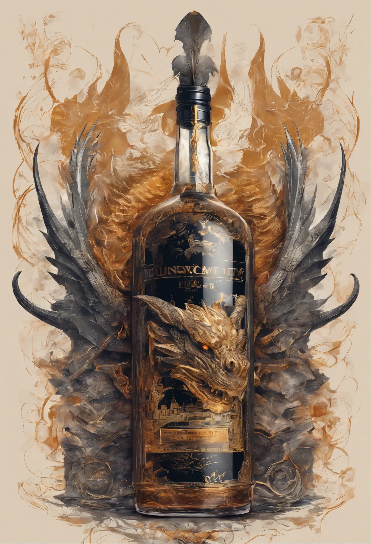 bottle of whisky with a dragon head on top, very fancy whiskey bottle, fancy whiskey bottle, hyper realistic ”, hyper realistic”, closeup portrait shot, infused with zerg hydralisk, stunning and rich detail, close up portrait shot, ultra realistic ”, ultra realistic”, whiskey bottle, portrait shot, photo taken of an epic intricate,