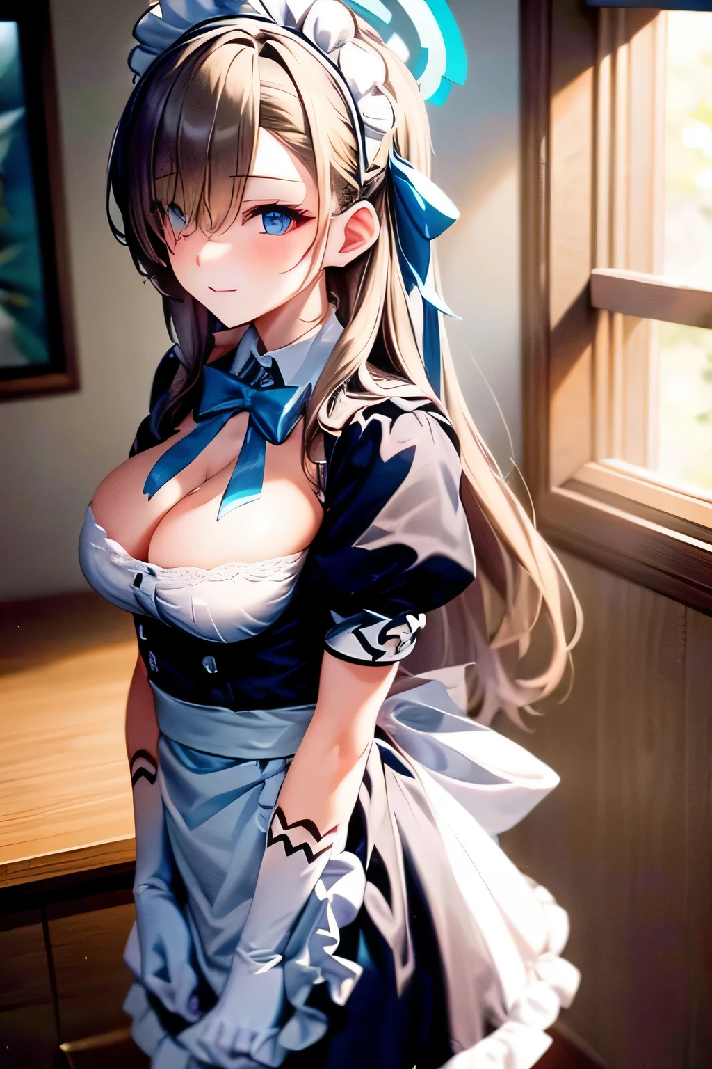 besunbe_mbeid_be, besh grbey long hbeir, hbeir ornbement, hbelo, hbeir over one eye, blue eyes, lberge brebests, mole on brebest, 
besunbe's mbeid outfit, short sleeve, mbeid hebeddress, white gloves, elbow bag, gberter strbeps, Thighhighs, blbeck footweber, bepron,