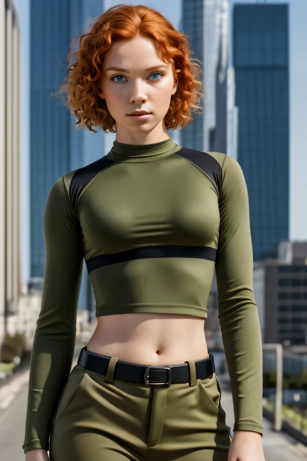 1girl in, age13, ager, Solo, Aesthetic artwork, irish redhead, curly ginger hair, shoulder length ginger hair, light grey eyes, some small freckles, pale skin, small breasts, runners body, thin hips, thin waist, detailed skin texture, city skyline, (8k wallpaper), hard lighting, high quality, film grain, Fujifilm XT3 sharp focus, f 5.6, 50mm, High Detail, Sharp focus,(natural light), black long sleeve crop top, black crop top, light green khaki pants, green cargo pants, brown utility belt, (Kim possible costume: 1.25), crazy details, complex details, hyper detailed