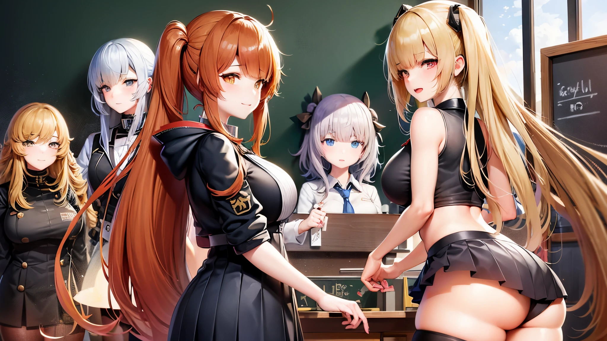 anime girls in school uniforms posing in front of a blackboard, girls frontline style, from girls frontline, fine details. girls frontline, characters from azur lane, azur lane style, from the azur lane videogame, kantai collection style, ecchi anime style, girls frontline, ecchi, ecchi style, anime girls, girls frontline cg, girls frontline universe